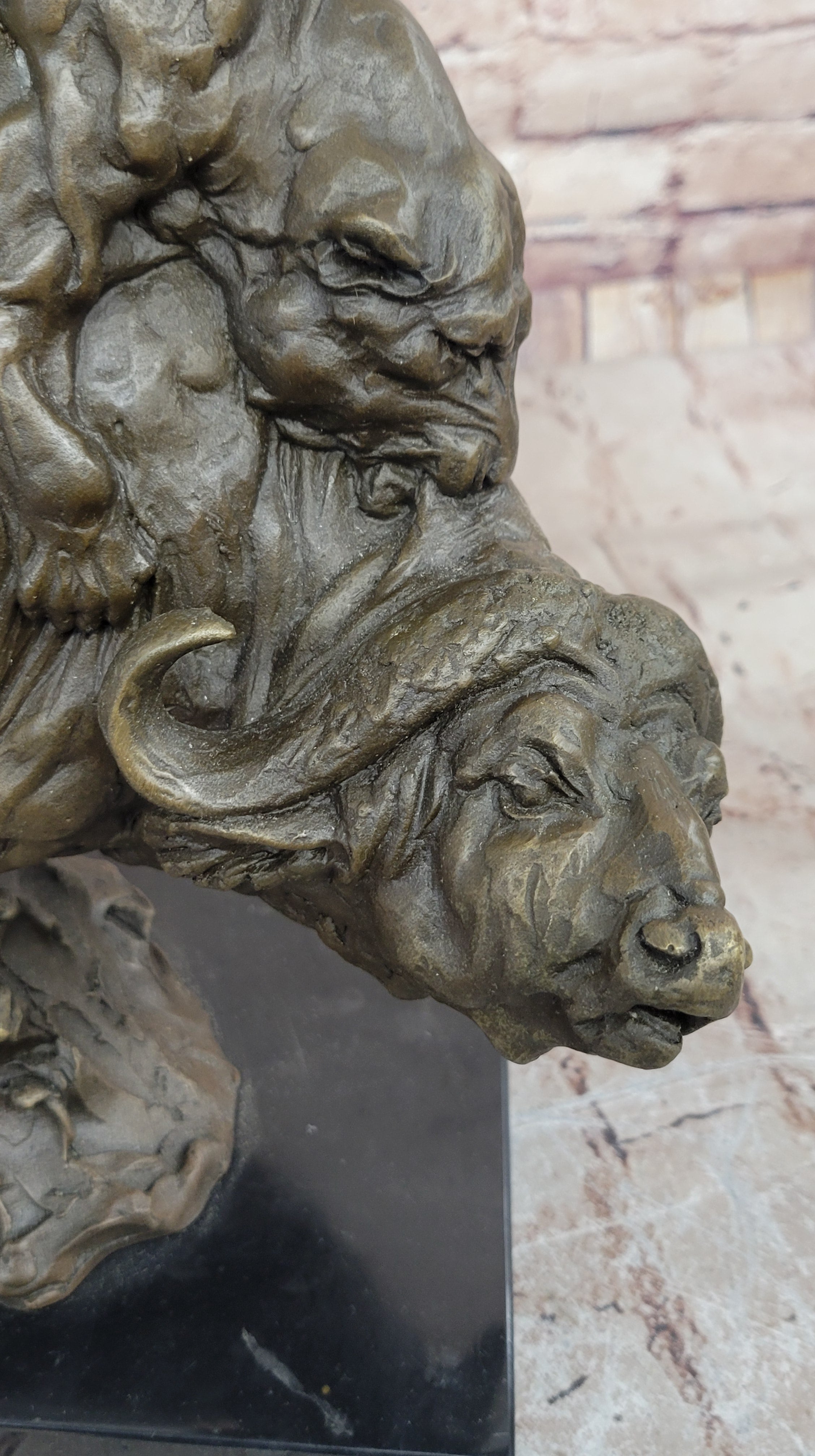 Fierce Lion vs. Buffalo; Hot Cast Bronze Wildlife Sculpture by Milo