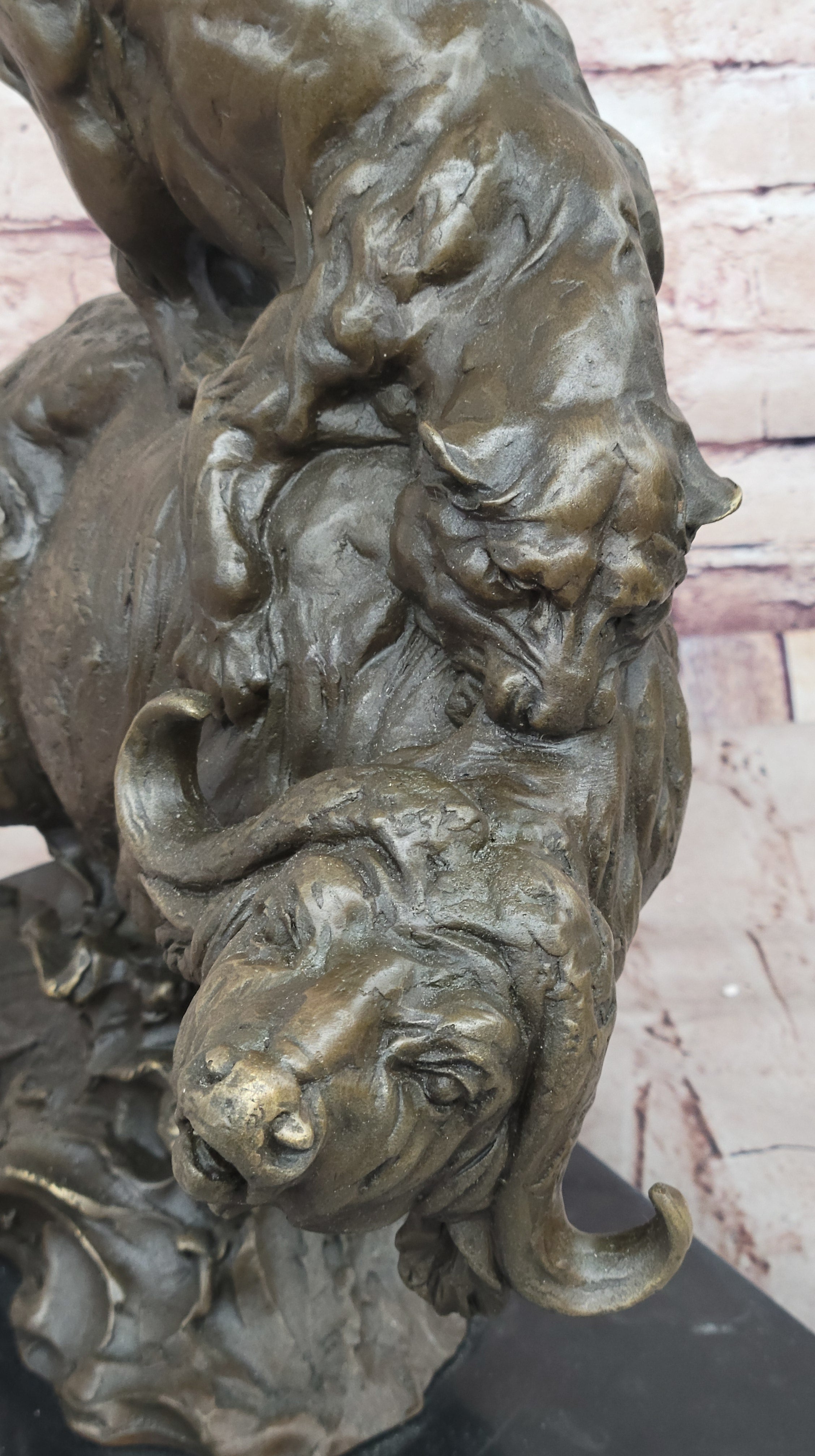Fierce Lion vs. Buffalo; Hot Cast Bronze Wildlife Sculpture by Milo