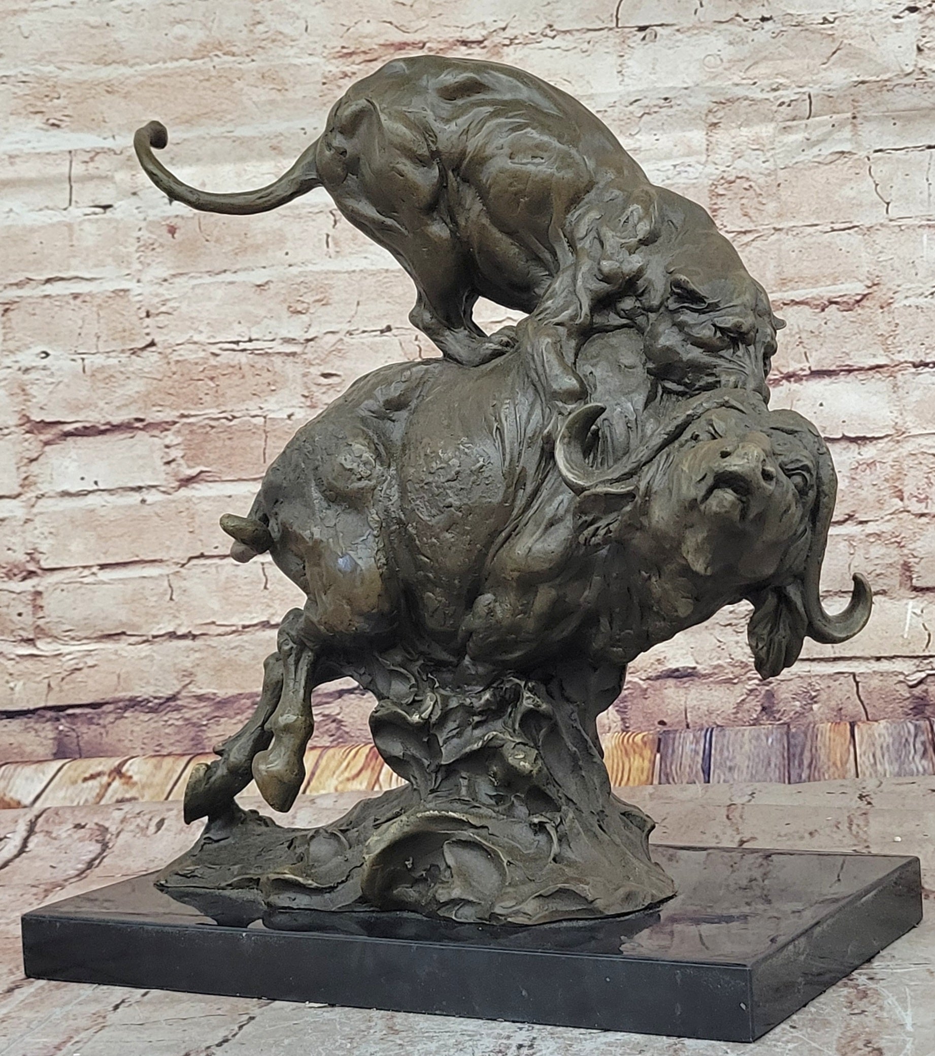 Fierce Lion vs. Buffalo; Hot Cast Bronze Wildlife Sculpture by Milo