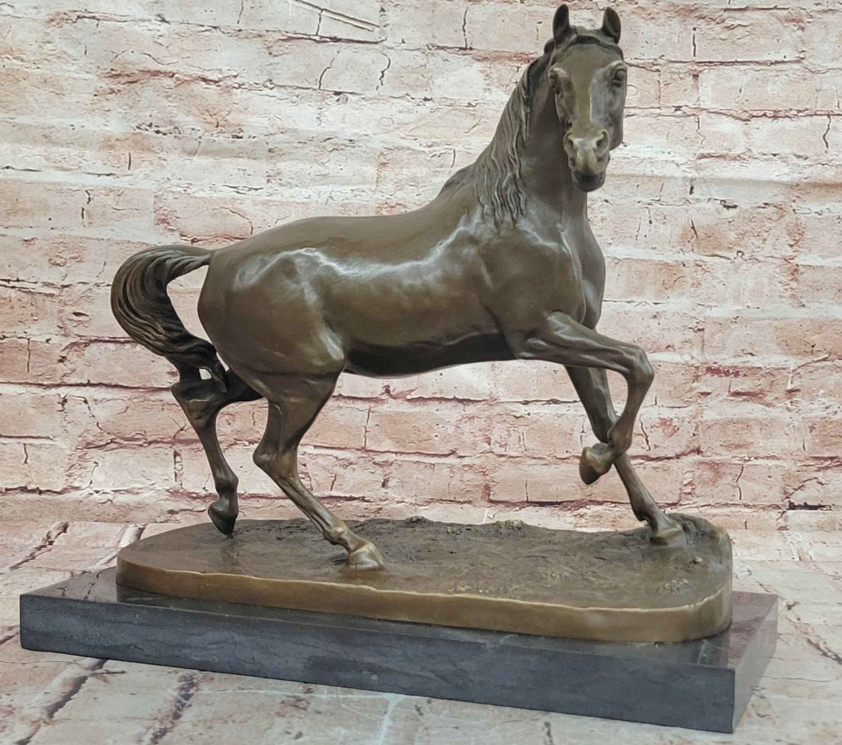Walking Horse Bronze Sculpture in Elegant Motion on Marble Base