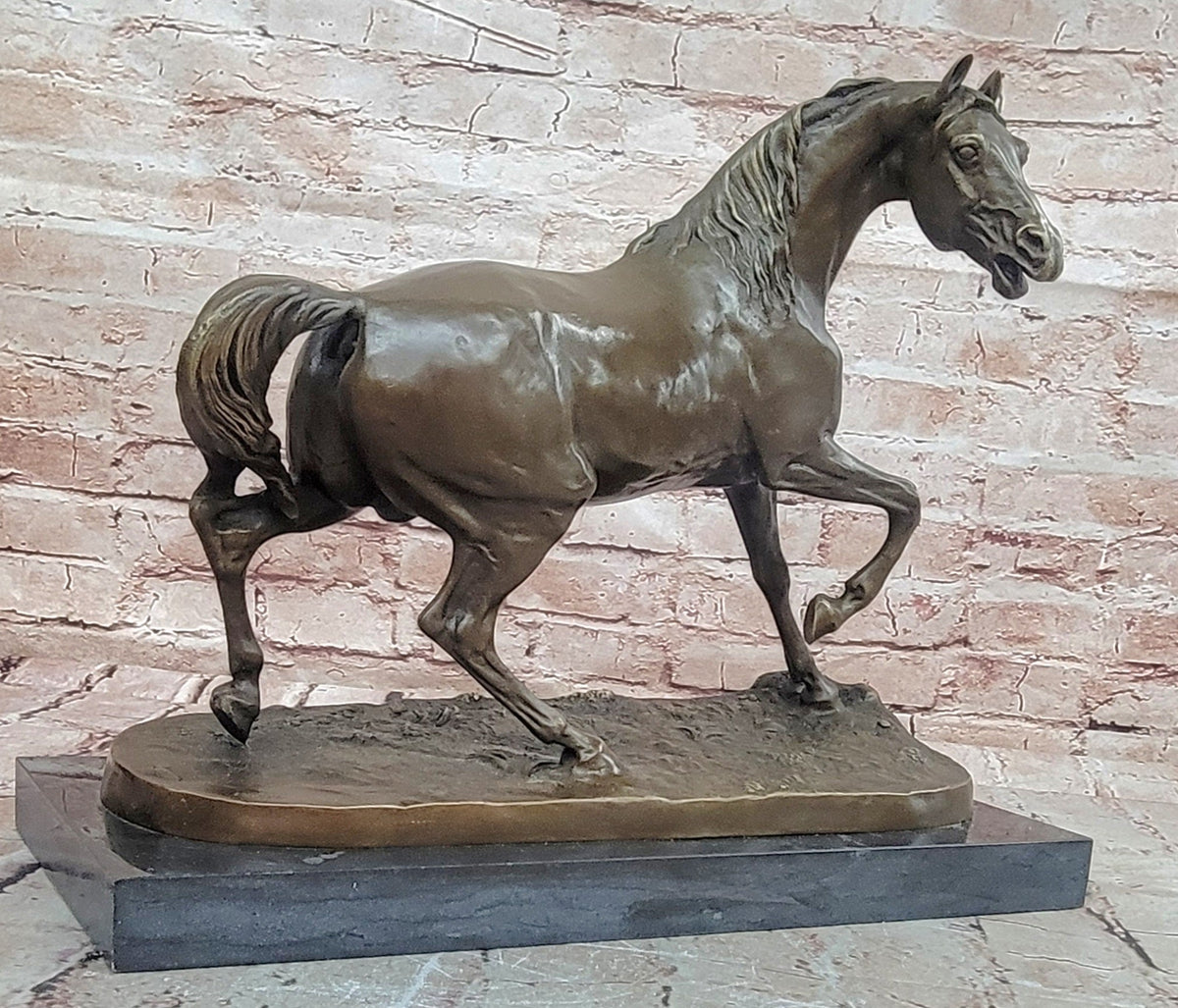 Walking Horse Bronze Sculpture in Elegant Motion on Marble Base