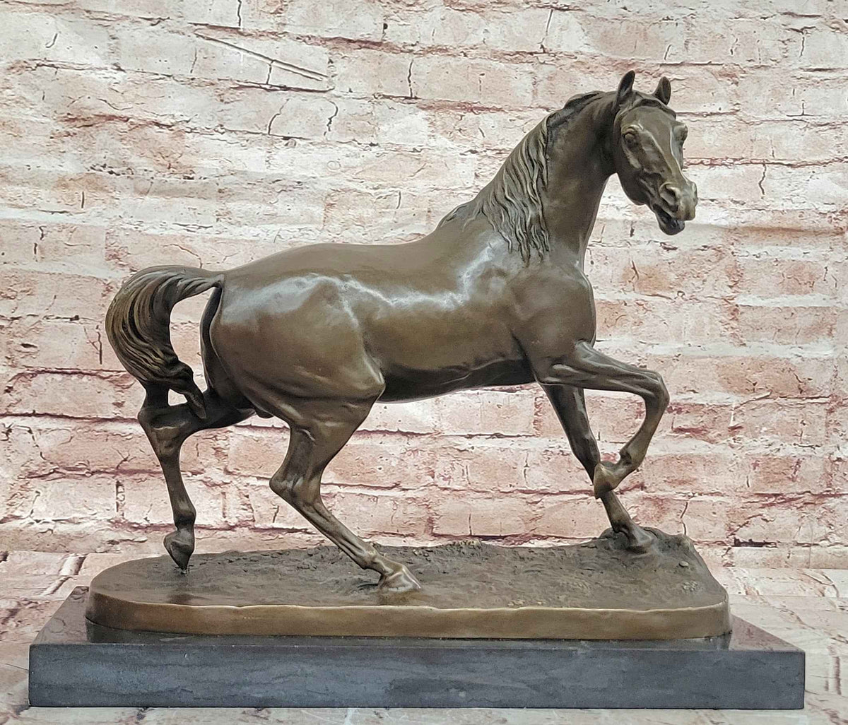 Walking Horse Bronze Sculpture in Elegant Motion on Marble Base