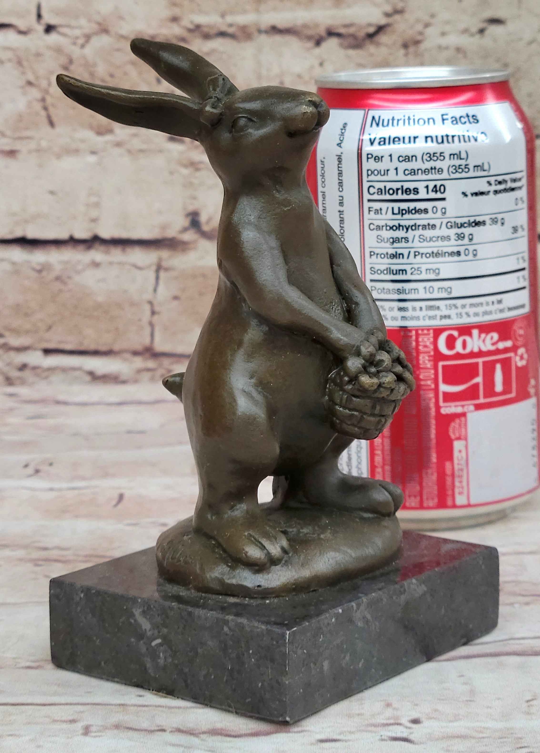 Easter Bunny Rabbit Holding a Basket Bronze Sculpture Statue Figure on Marble Base