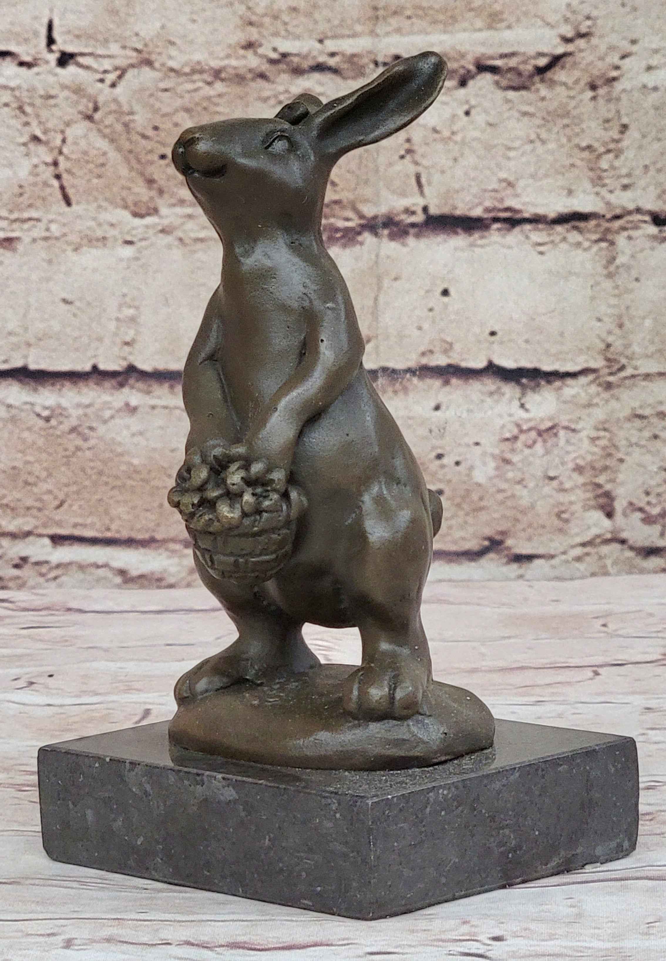 Easter Bunny Rabbit Holding a Basket Bronze Sculpture Statue Figure on Marble Base