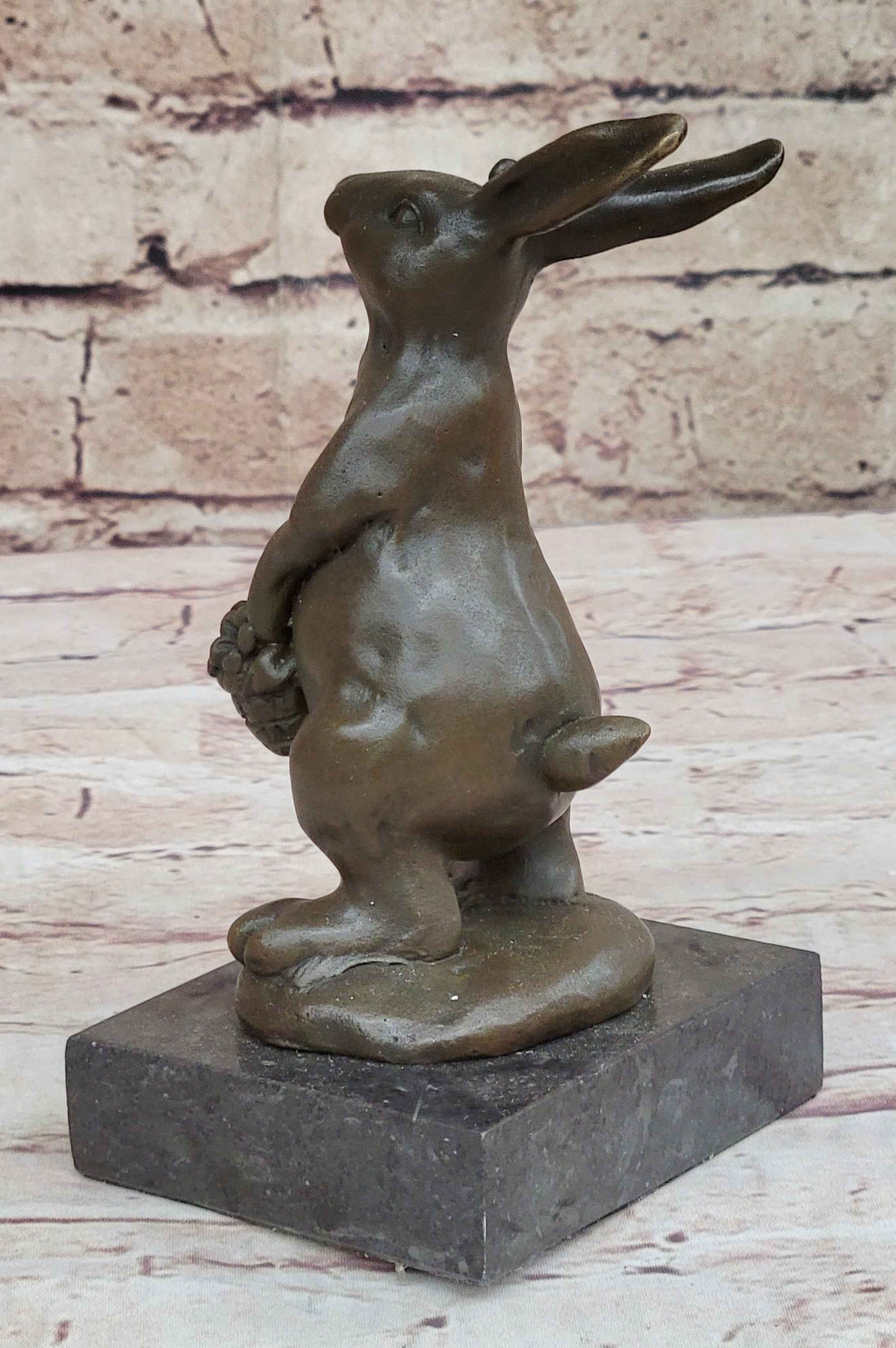 Easter Bunny Rabbit Holding a Basket Bronze Sculpture Statue Figure on Marble Base