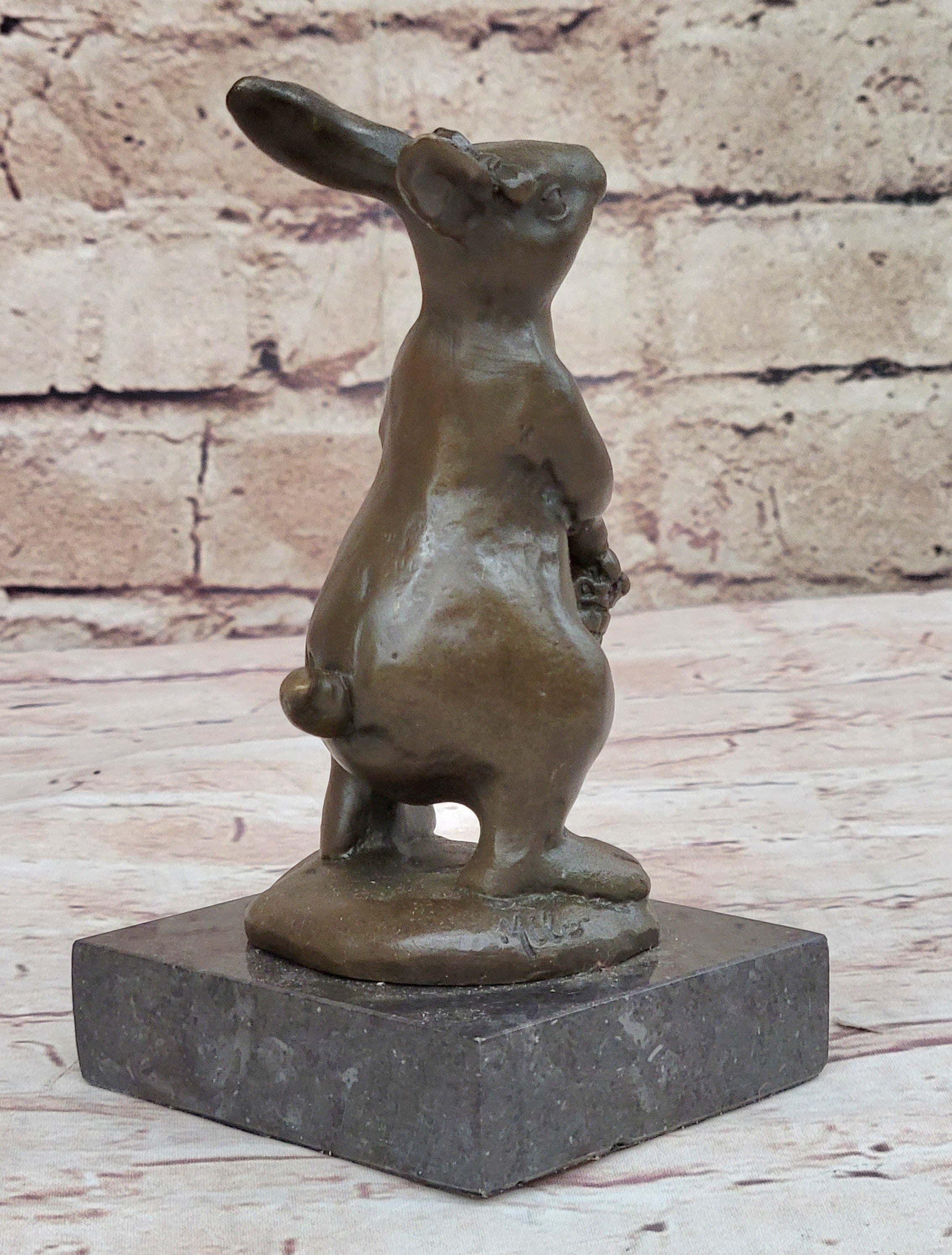 Easter Bunny Rabbit Holding a Basket Bronze Sculpture Statue Figure on Marble Base