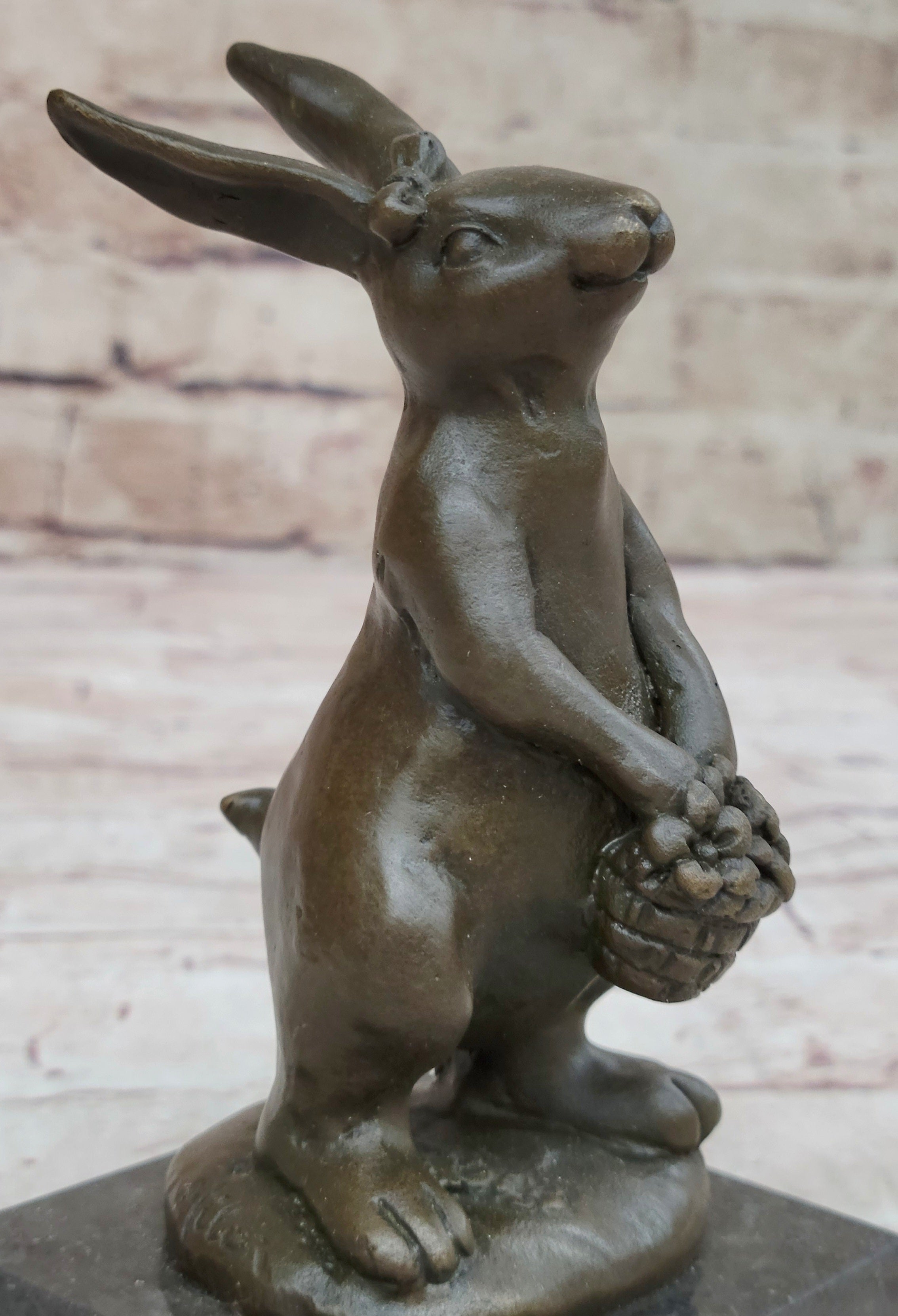 Easter Bunny Rabbit Holding a Basket Bronze Sculpture Statue Figure on Marble Base