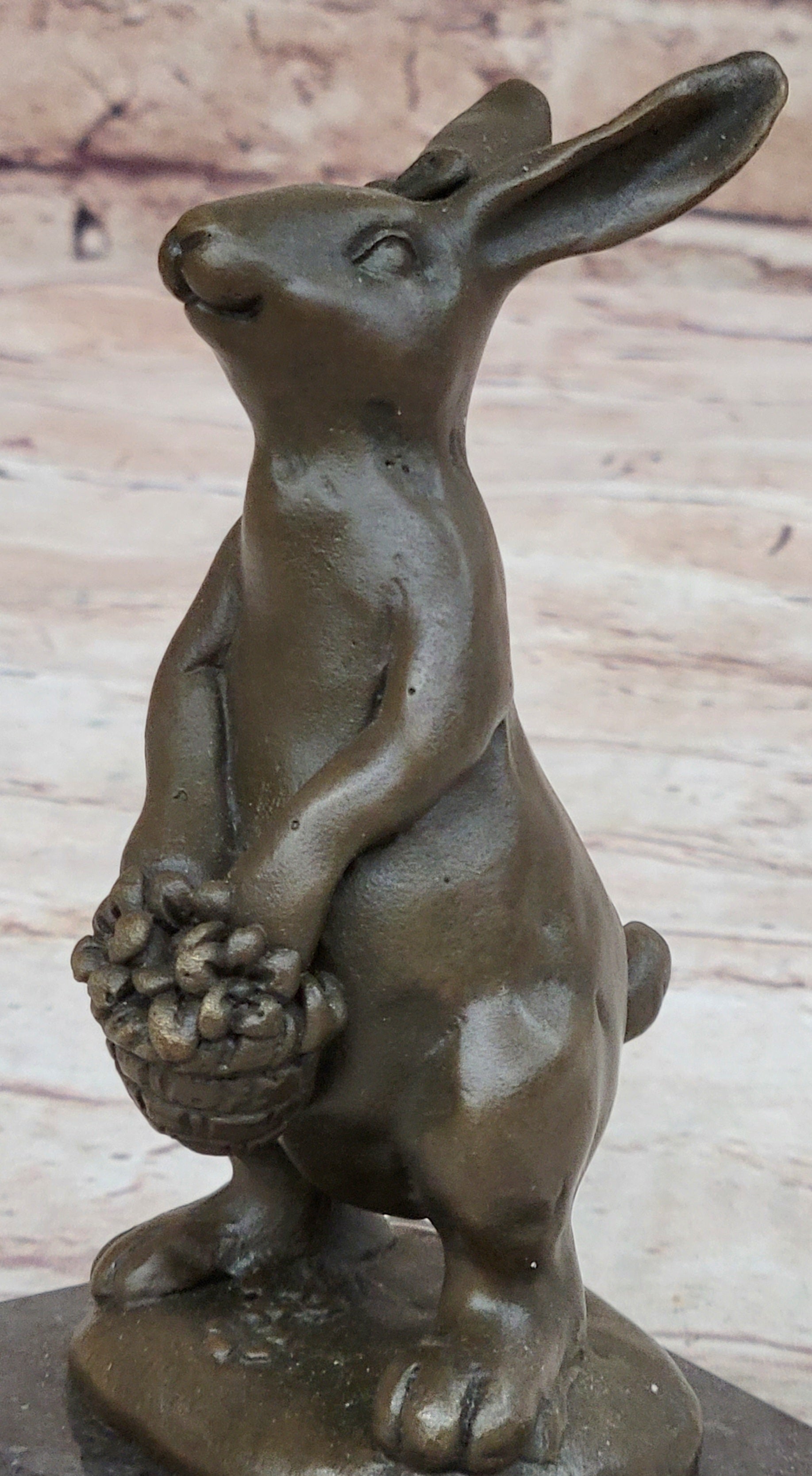 Easter Bunny Rabbit Holding a Basket Bronze Sculpture Statue Figure on Marble Base
