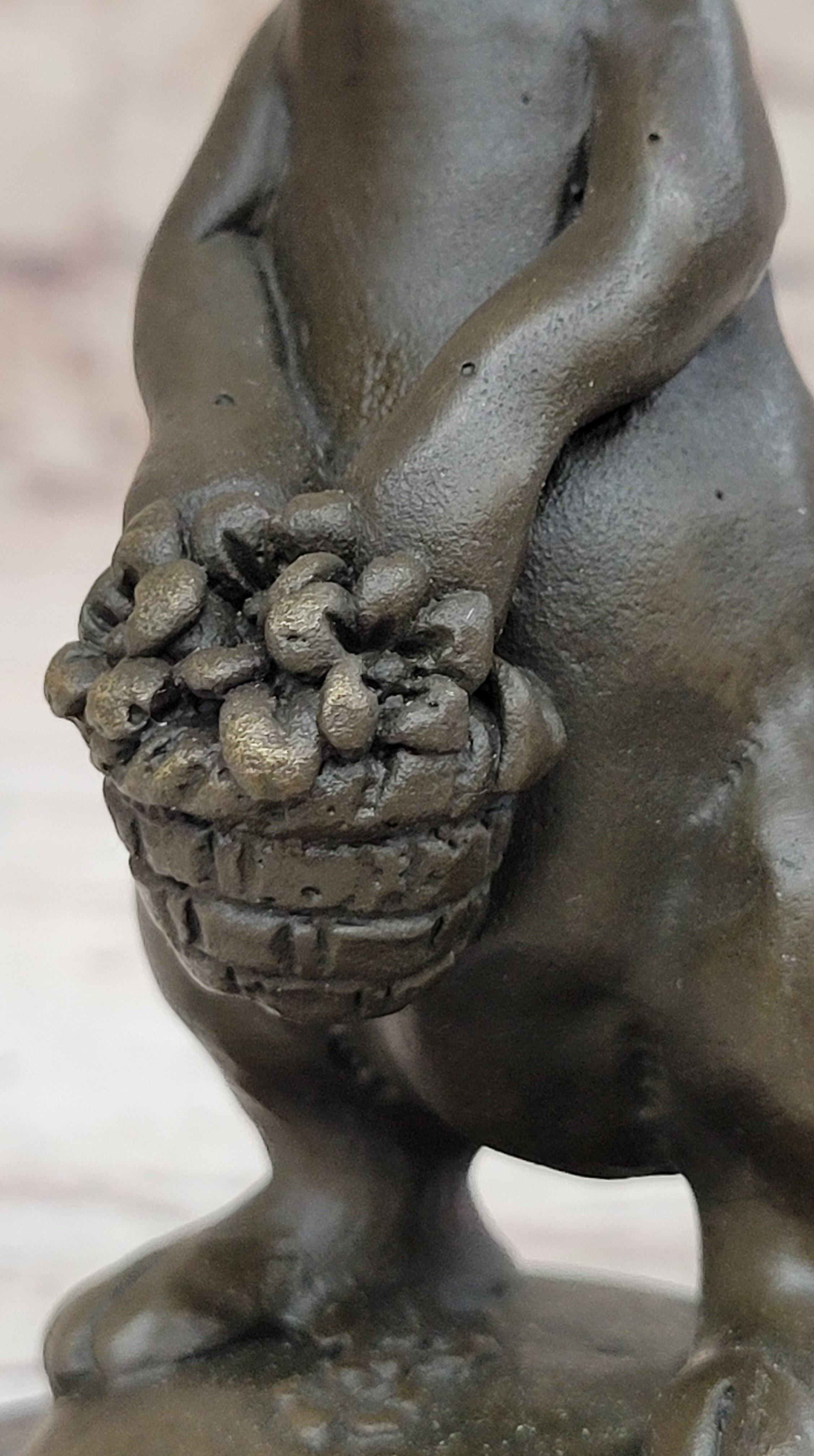 Easter Bunny Rabbit Holding a Basket Bronze Sculpture Statue Figure on Marble Base