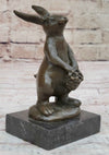 Easter Bunny Rabbit Holding a Basket Bronze Sculpture Statue Figure on Marble Base