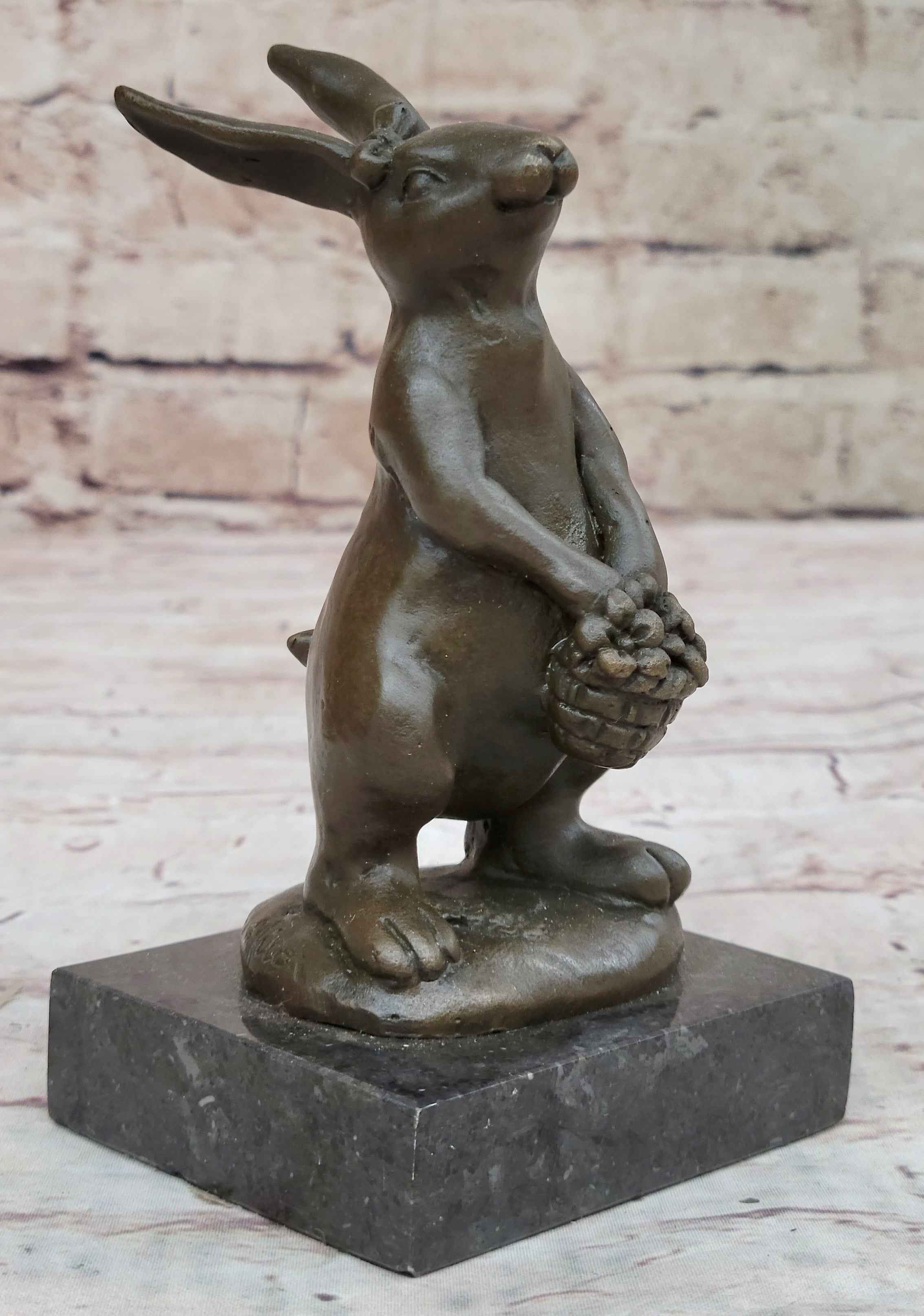 Easter Bunny Rabbit Holding a Basket Bronze Sculpture Statue Figure on Marble Base
