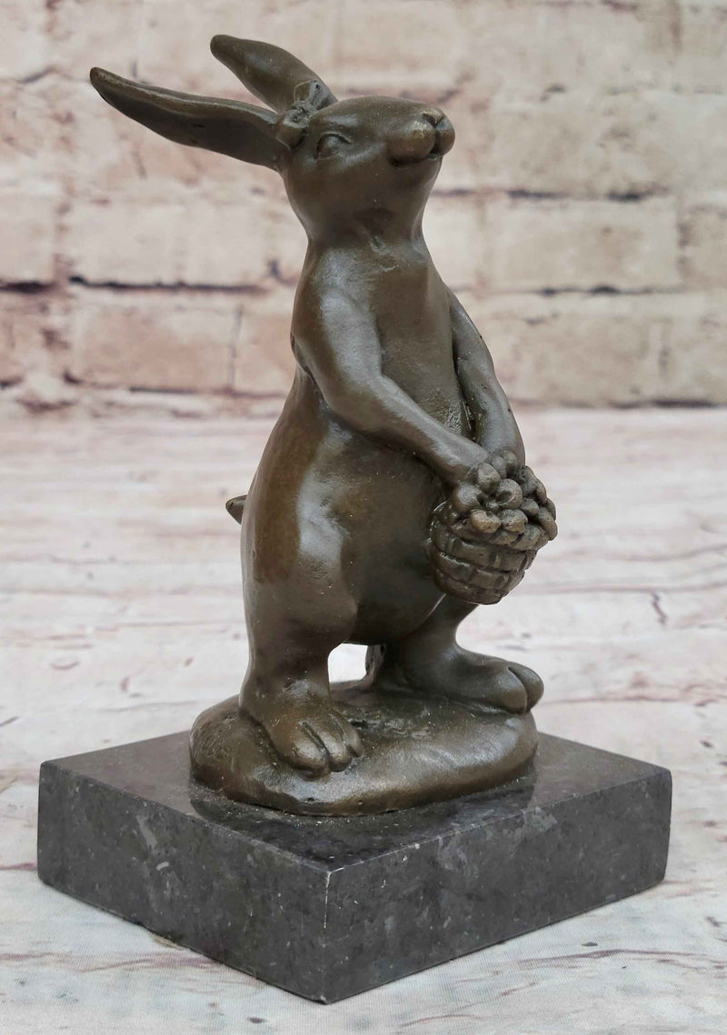 Easter Bunny Rabbit Holding a Basket Bronze Sculpture Statue Figure on Marble Base