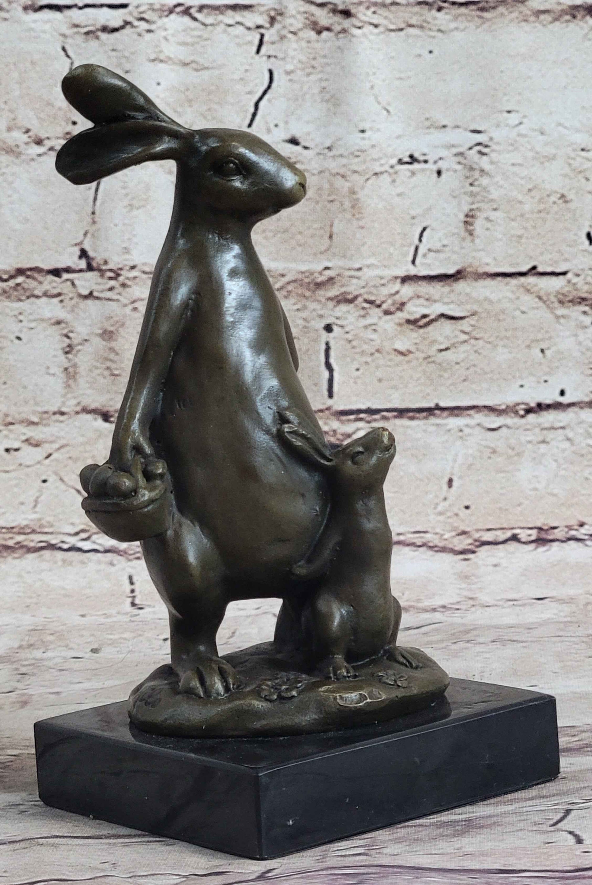 Easter Bunnies Rabbits Bunny Rabbit Holding Basket of Eggs Bronze Sculpture Art