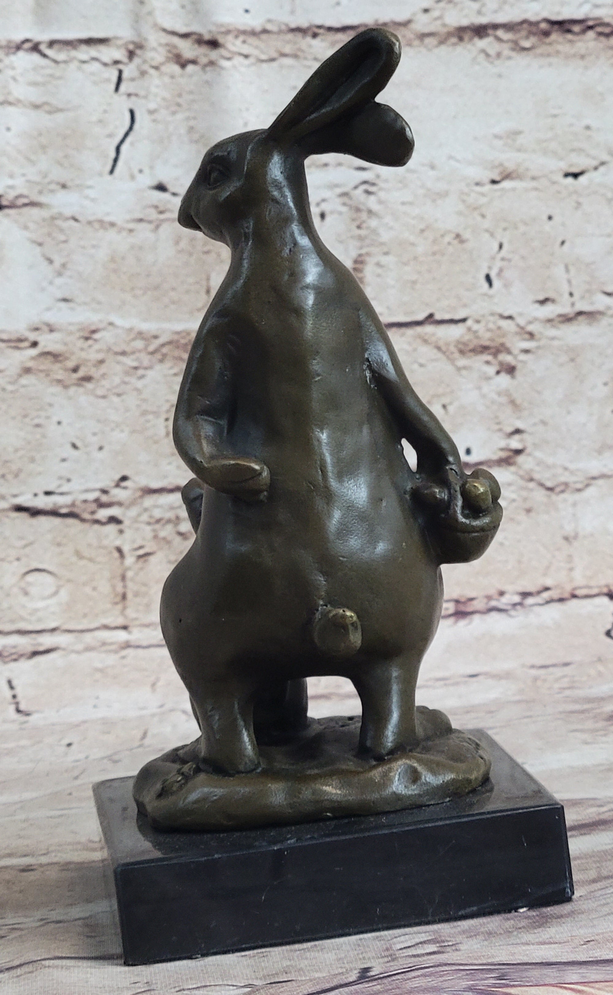 Easter Bunnies Rabbits Bunny Rabbit Holding Basket of Eggs Bronze Sculpture Art
