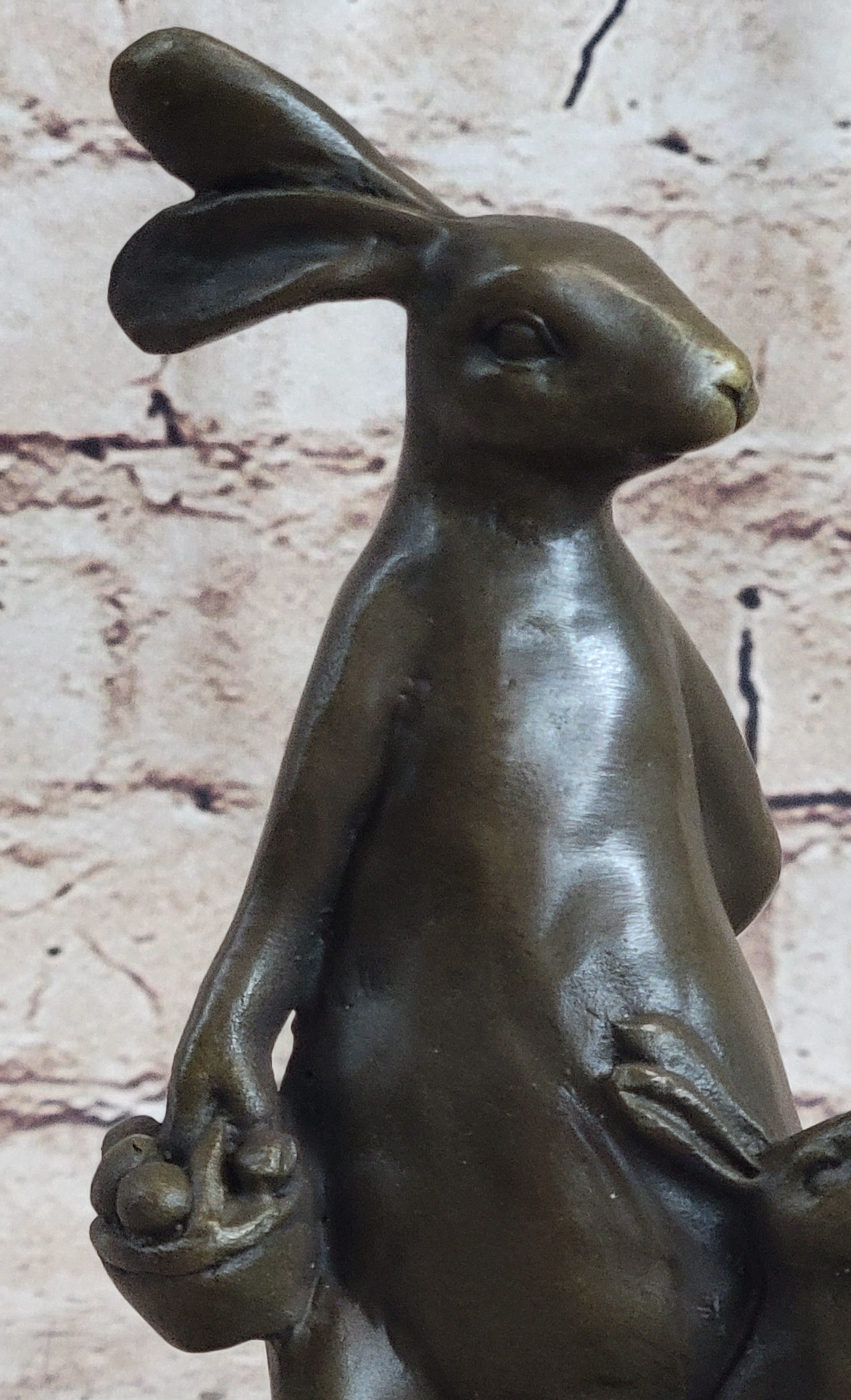 Easter Bunnies Rabbits Bunny Rabbit Holding Basket of Eggs Bronze Sculpture Art