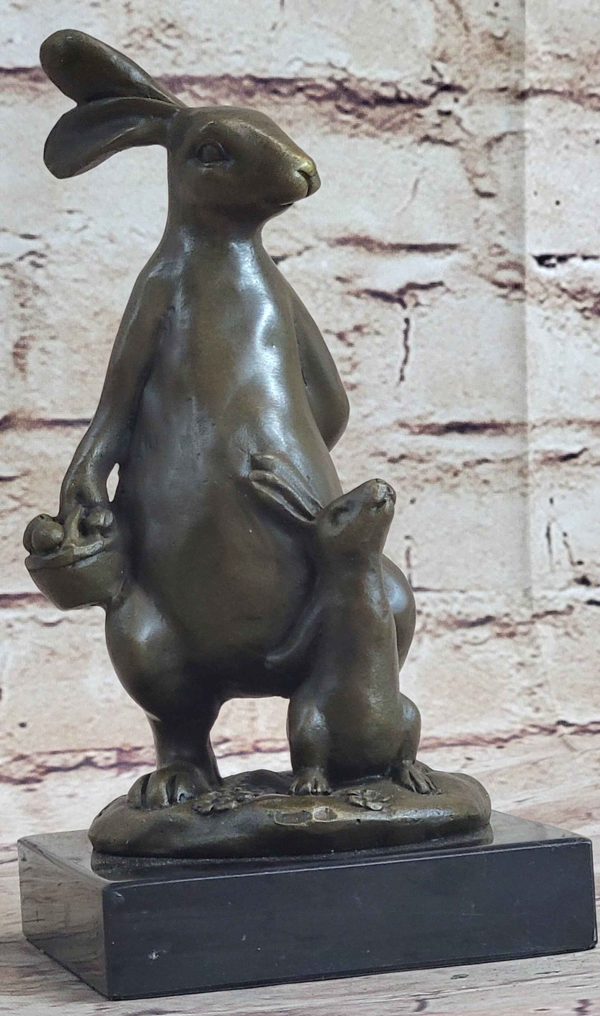 Easter Bunnies Rabbits Bunny Rabbit Holding Basket of Eggs Bronze Sculpture Art