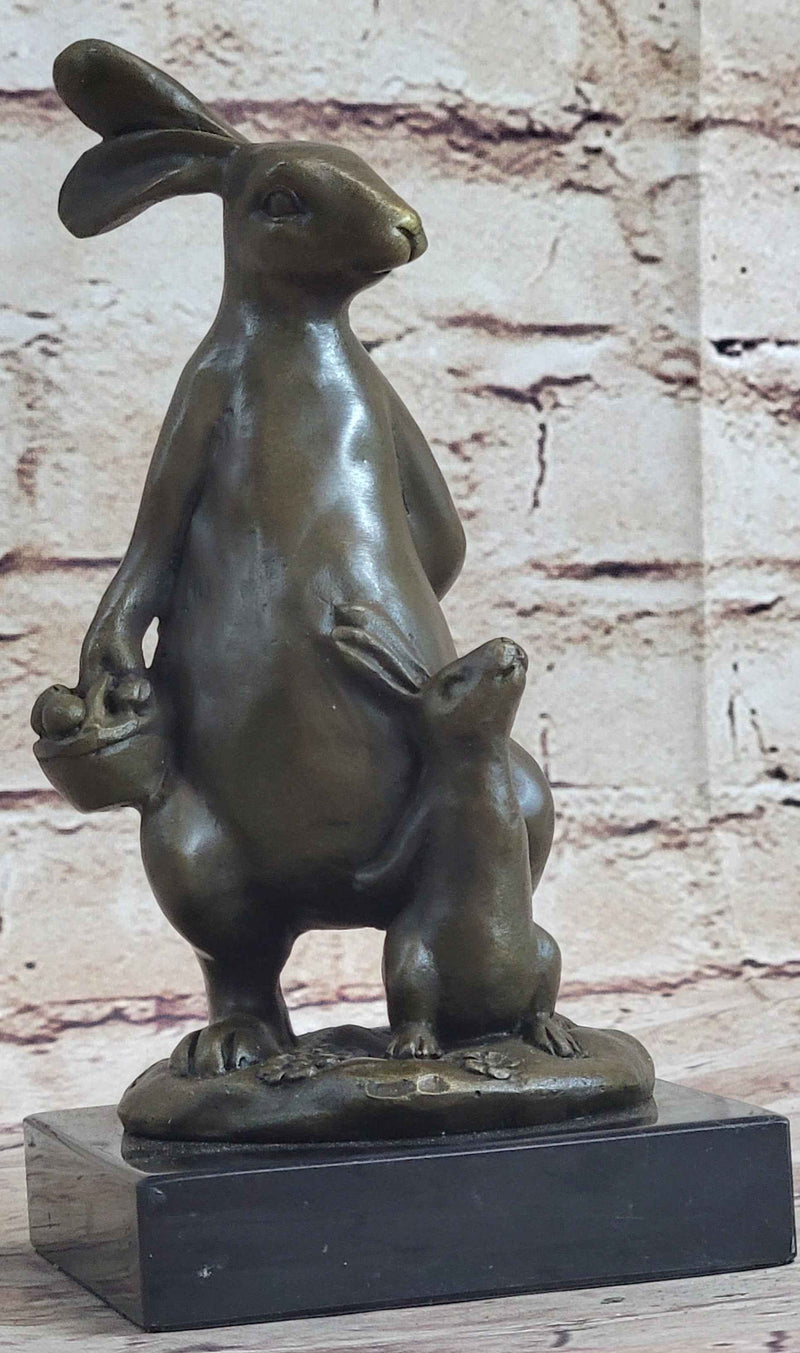 Easter Bunnies Rabbits Bunny Rabbit Holding Basket of Eggs Bronze Sculpture Art