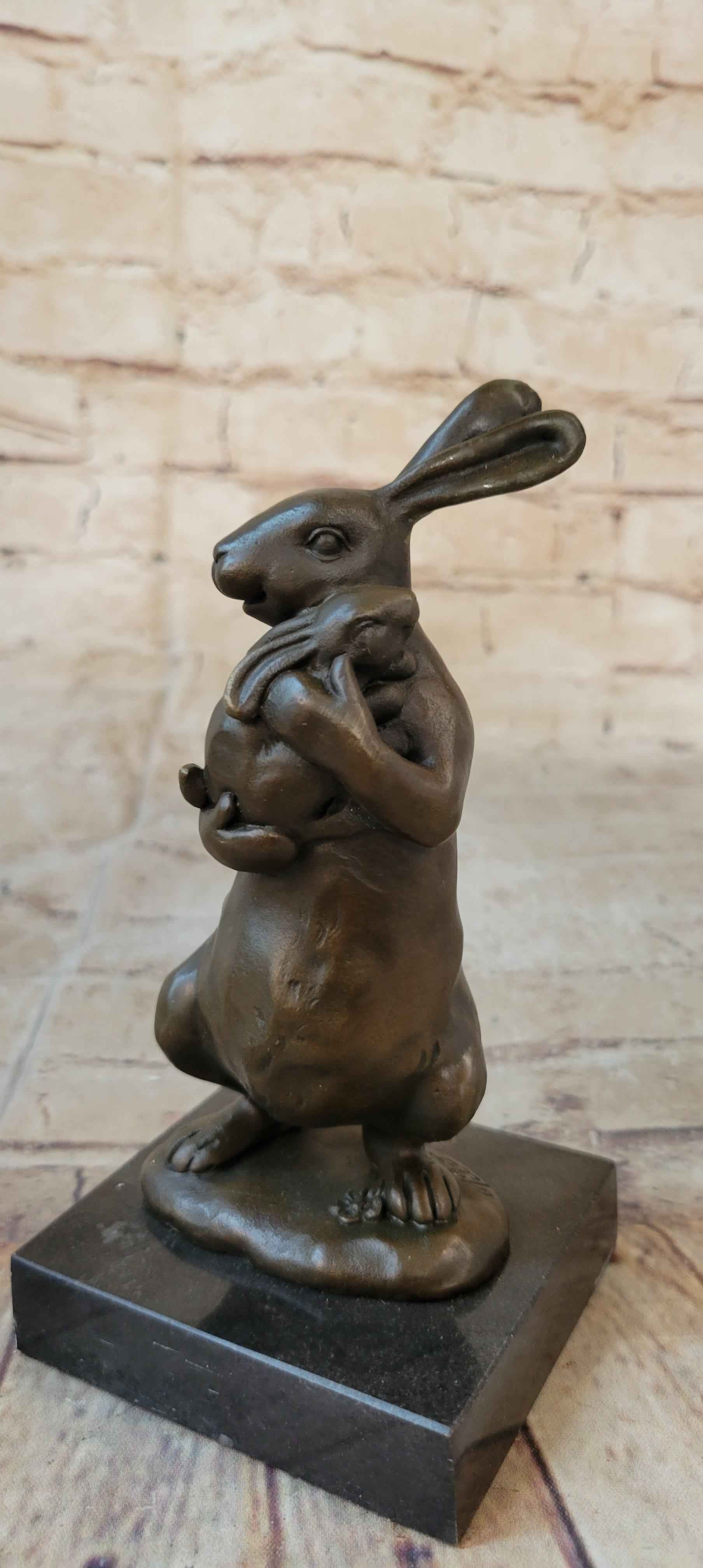 Bronze Sculpture Statue of Bunny Rabbit Holding Baby by Milo