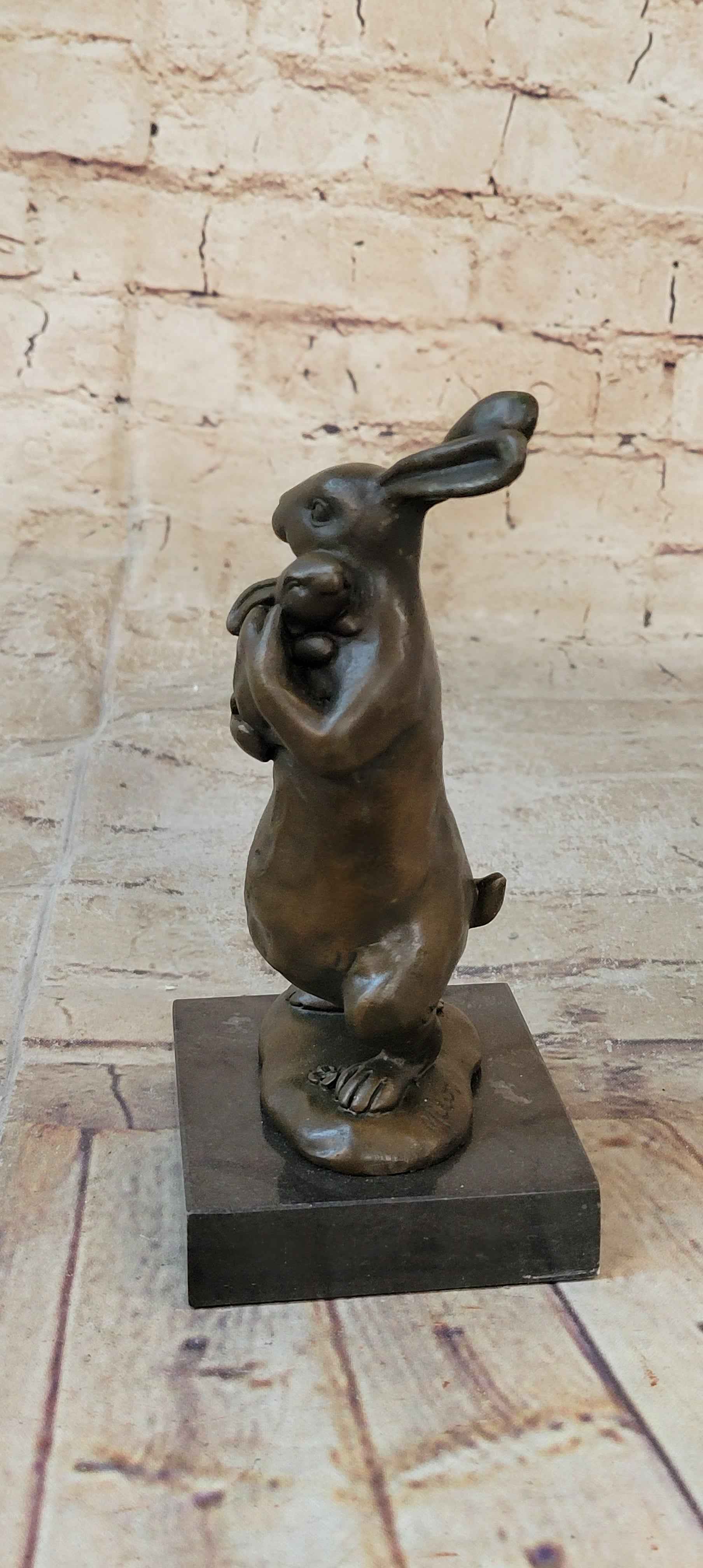Bronze Sculpture Statue of Bunny Rabbit Holding Baby by Milo