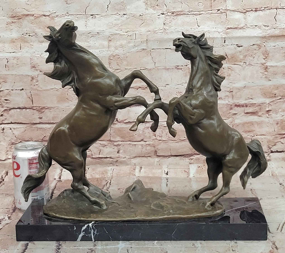 Classical Bronze Rearing Horses Sculpture in Dynamic Battle Pose with Marble Base