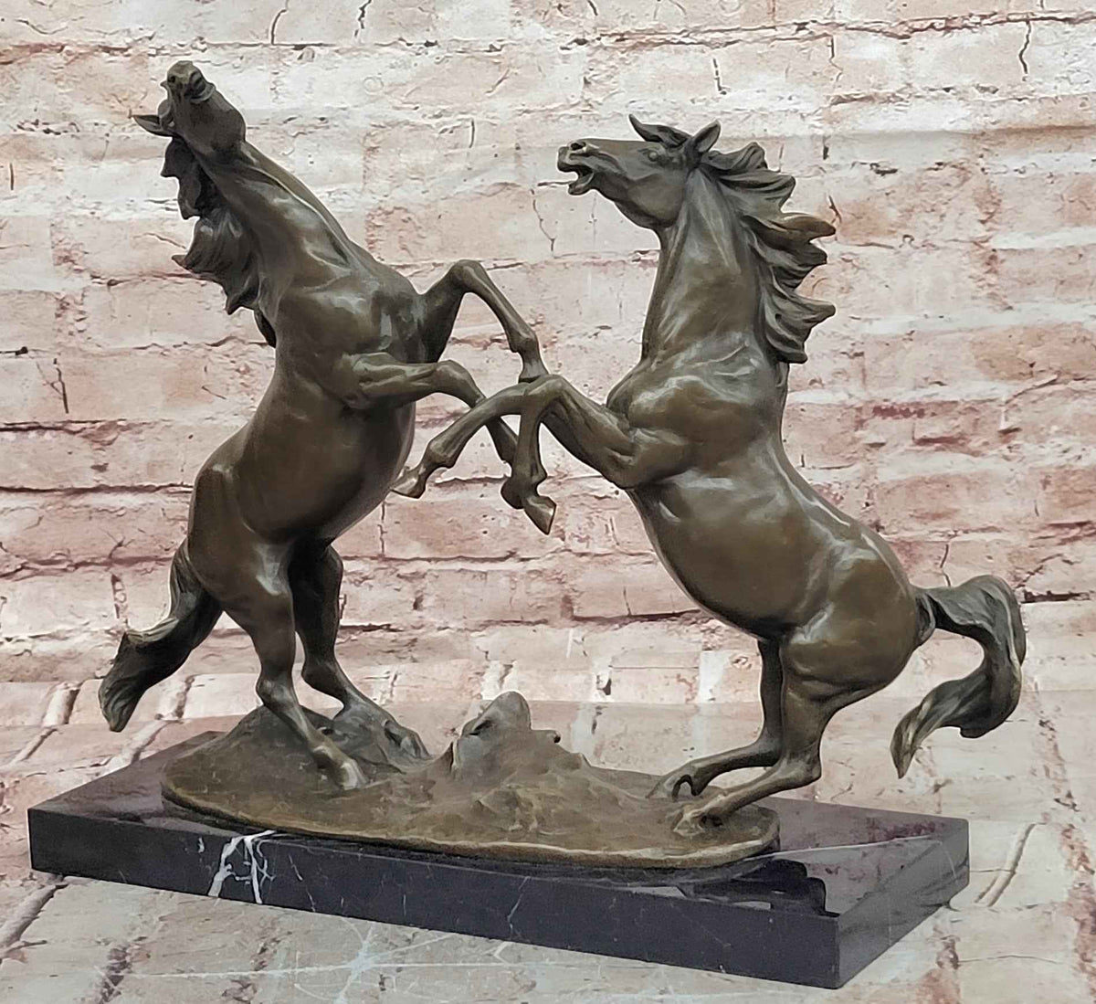 Classical Bronze Rearing Horses Sculpture in Dynamic Battle Pose with Marble Base
