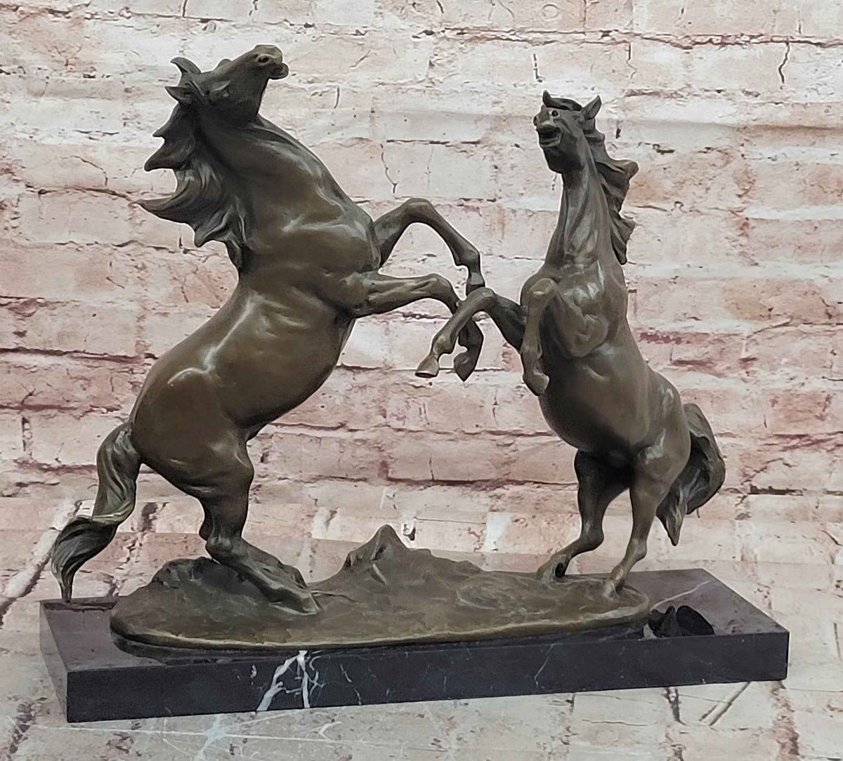 Classical Bronze Rearing Horses Sculpture in Dynamic Battle Pose with Marble Base