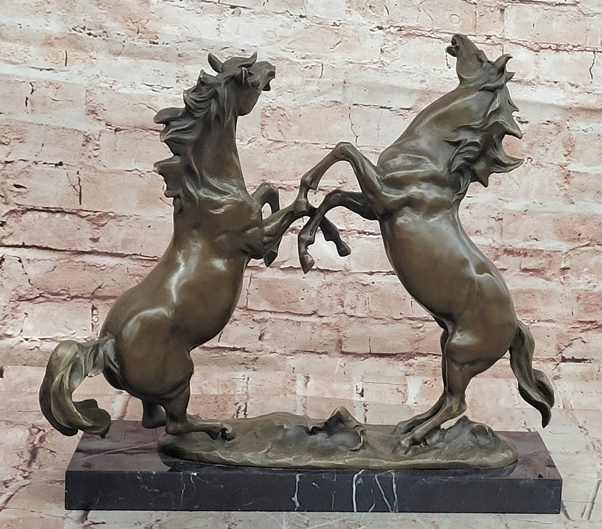 Classical Bronze Rearing Horses Sculpture in Dynamic Battle Pose with Marble Base