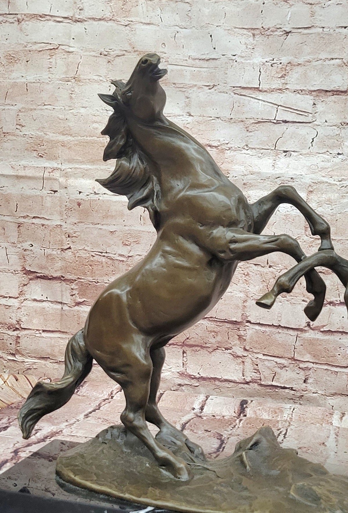 Classical Bronze Rearing Horses Sculpture in Dynamic Battle Pose with Marble Base