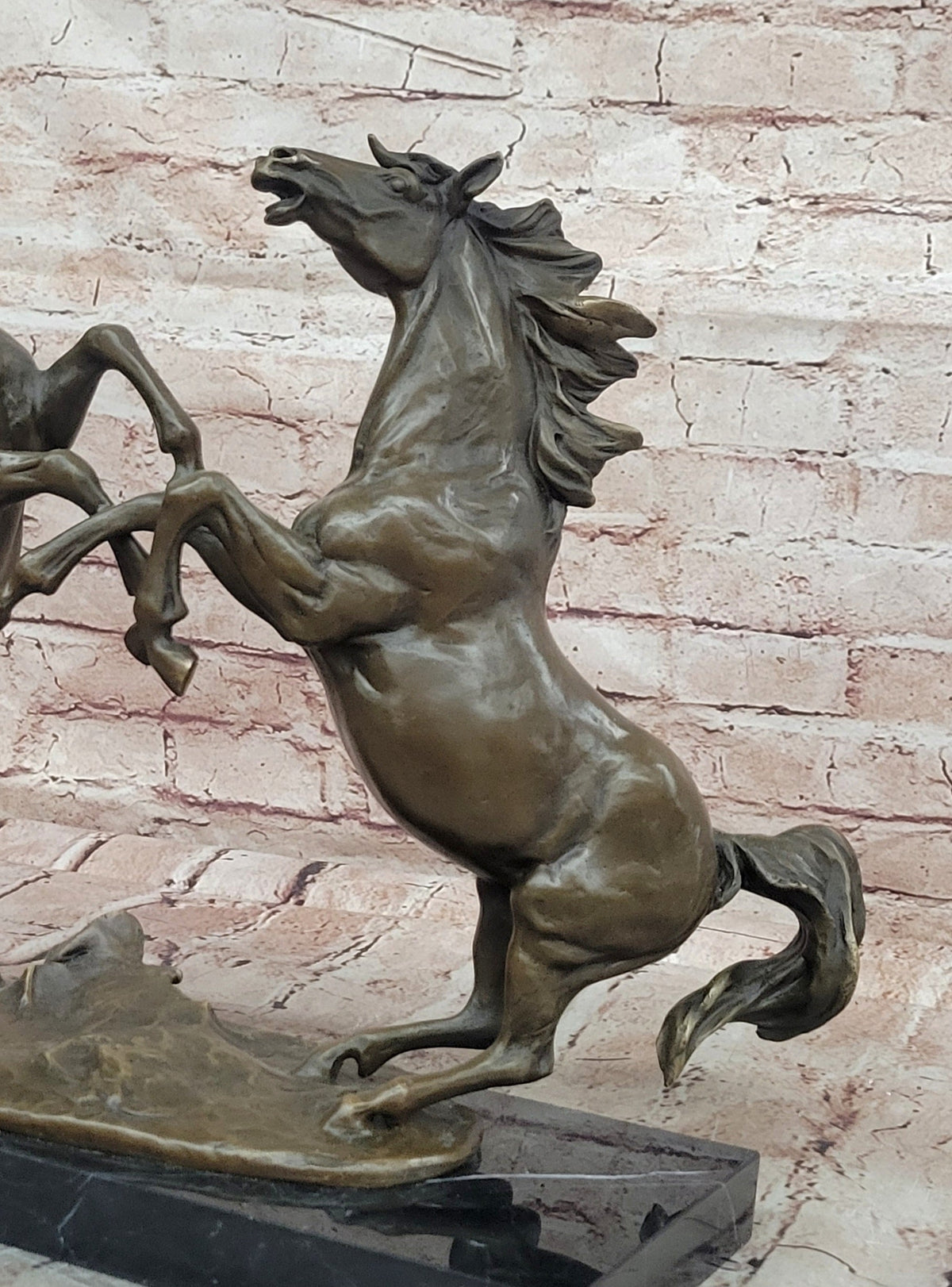 Classical Bronze Rearing Horses Sculpture in Dynamic Battle Pose with Marble Base