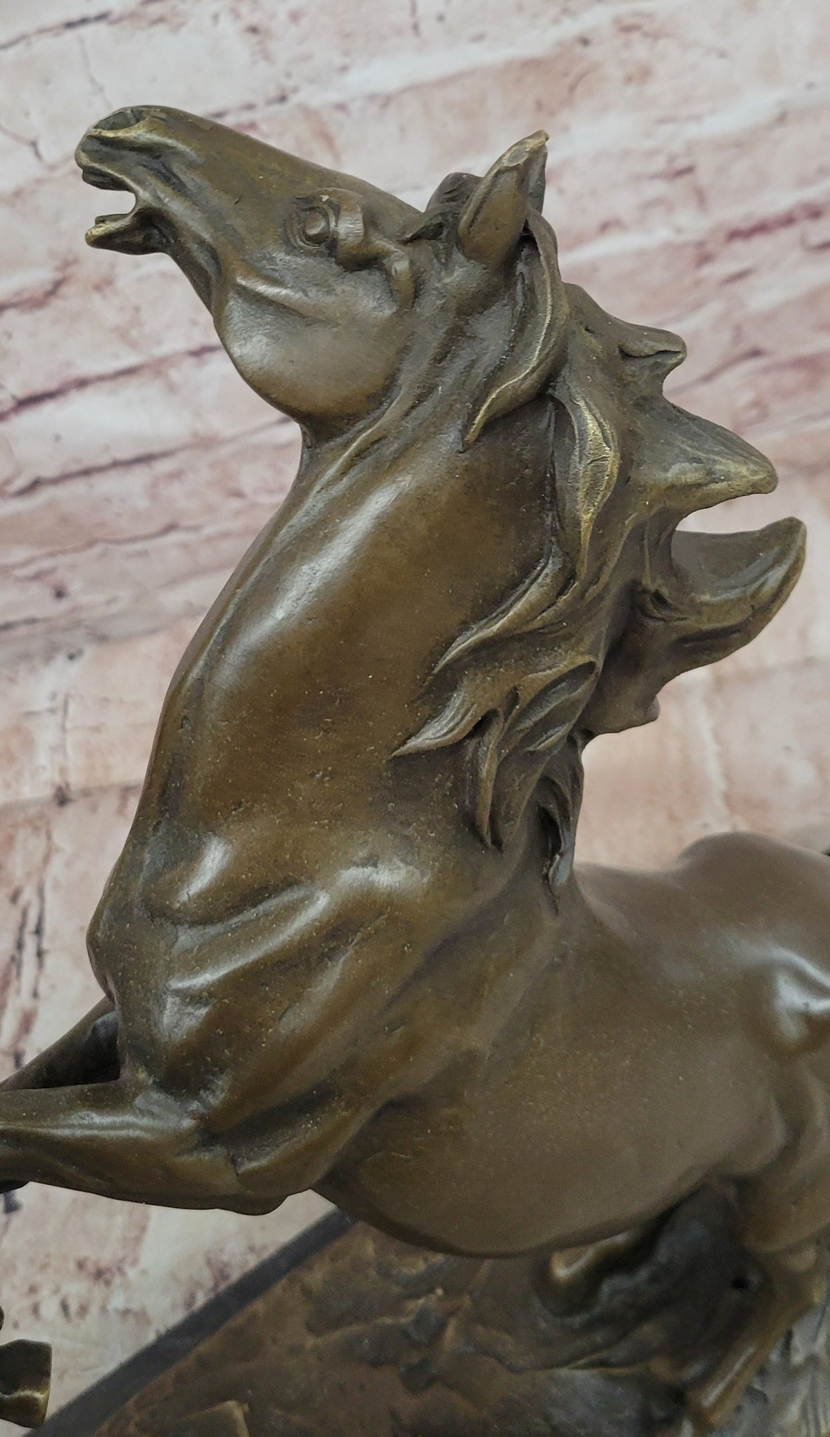 Classical Bronze Rearing Horses Sculpture in Dynamic Battle Pose with Marble Base