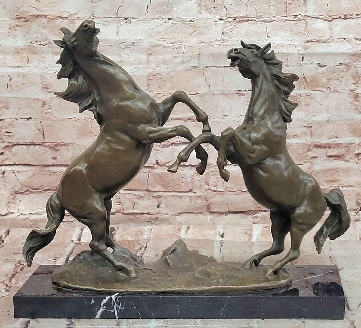 Classical Bronze Rearing Horses Sculpture in Dynamic Battle Pose with Marble Base