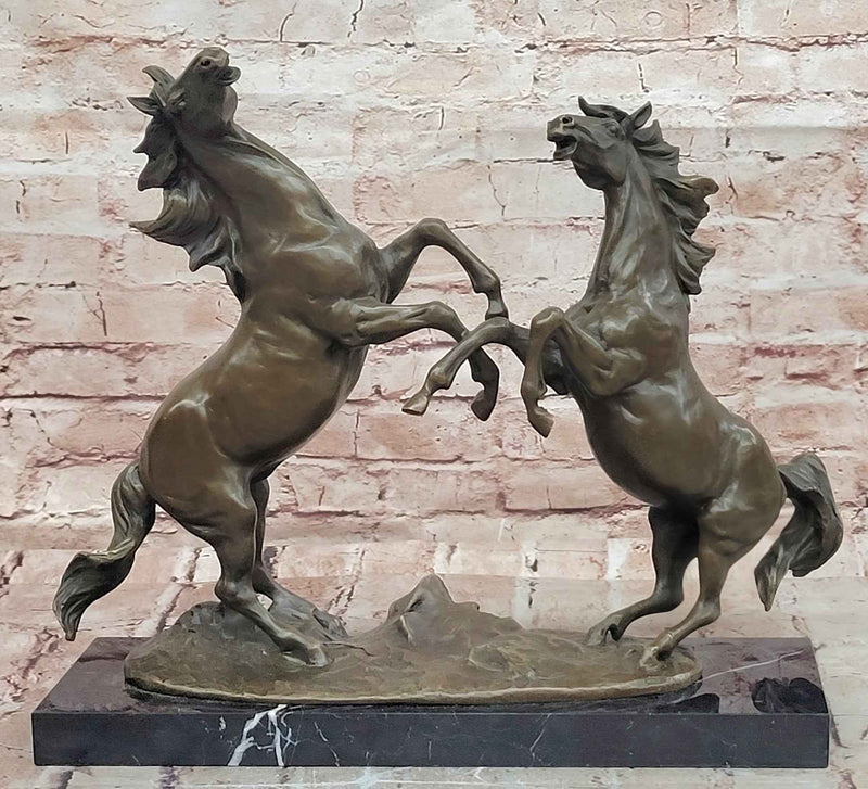 Classical Bronze Rearing Horses Sculpture in Dynamic Battle Pose with Marble Base