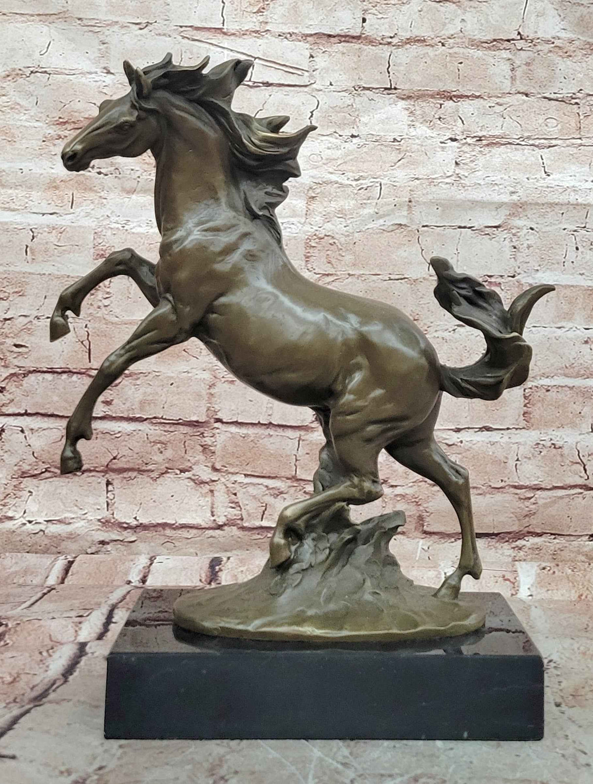 Rearing Horse Bronze Sculpture with Flowing Mane on Marble Base