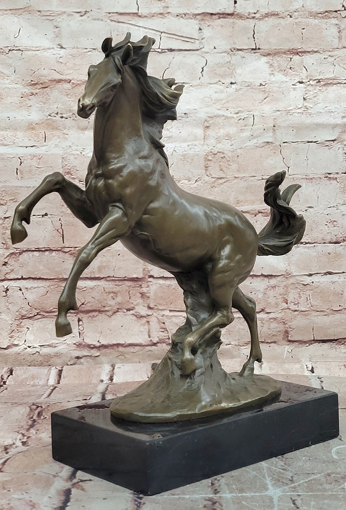 Rearing Horse Bronze Sculpture with Flowing Mane on Marble Base