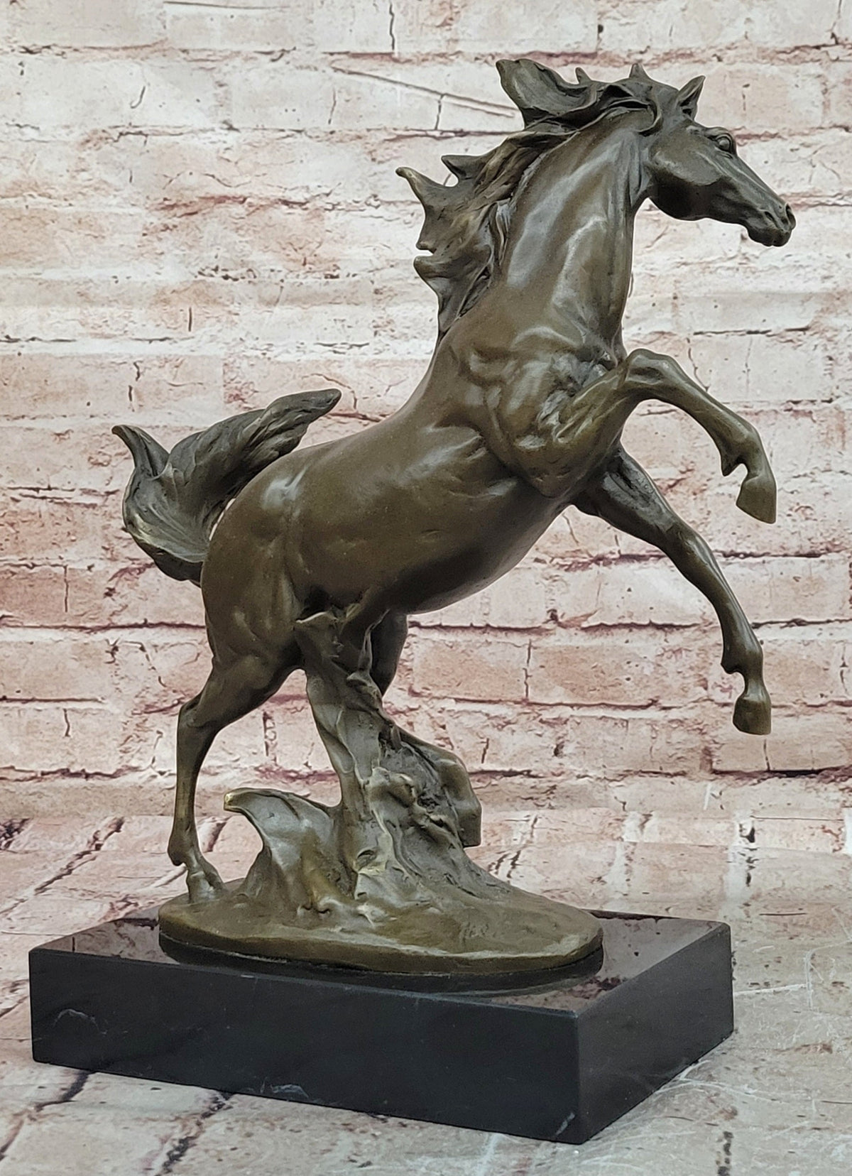 Rearing Horse Bronze Sculpture with Flowing Mane on Marble Base