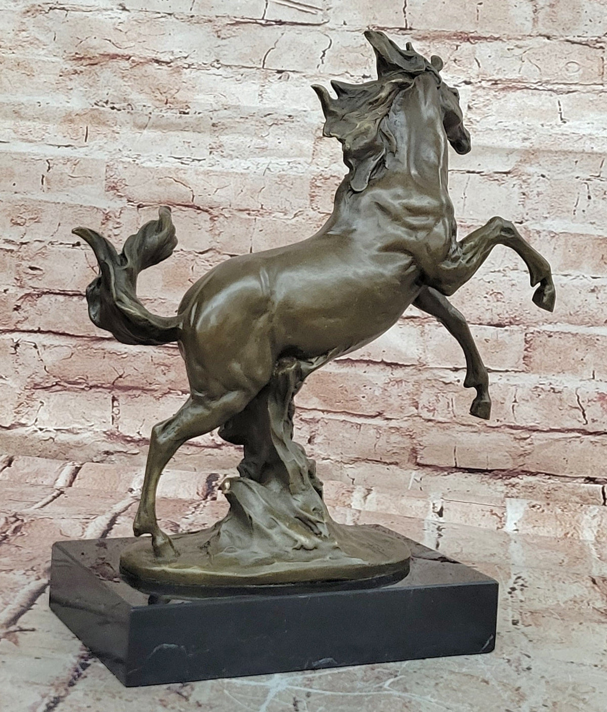 Rearing Horse Bronze Sculpture with Flowing Mane on Marble Base