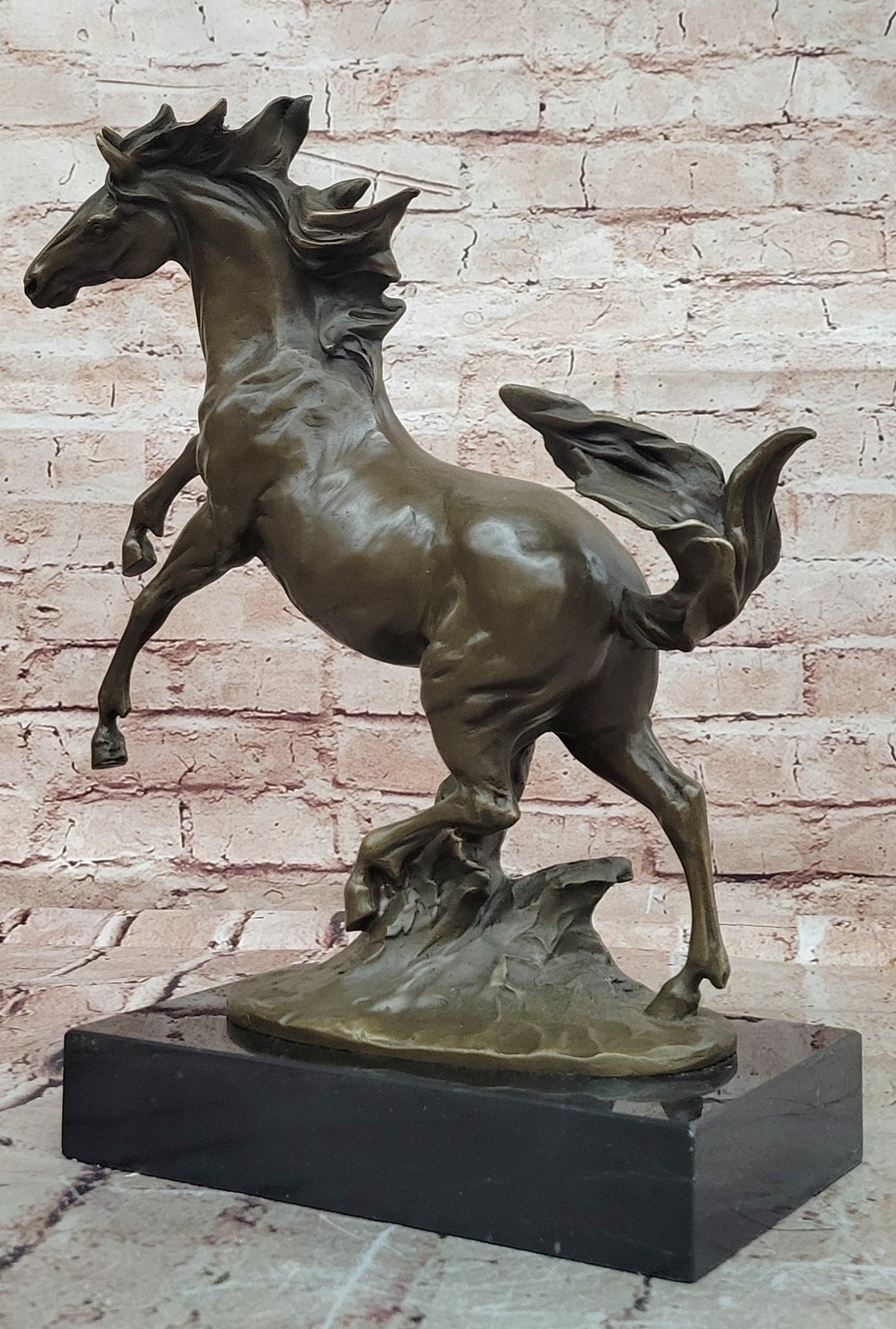 Rearing Horse Bronze Sculpture with Flowing Mane on Marble Base
