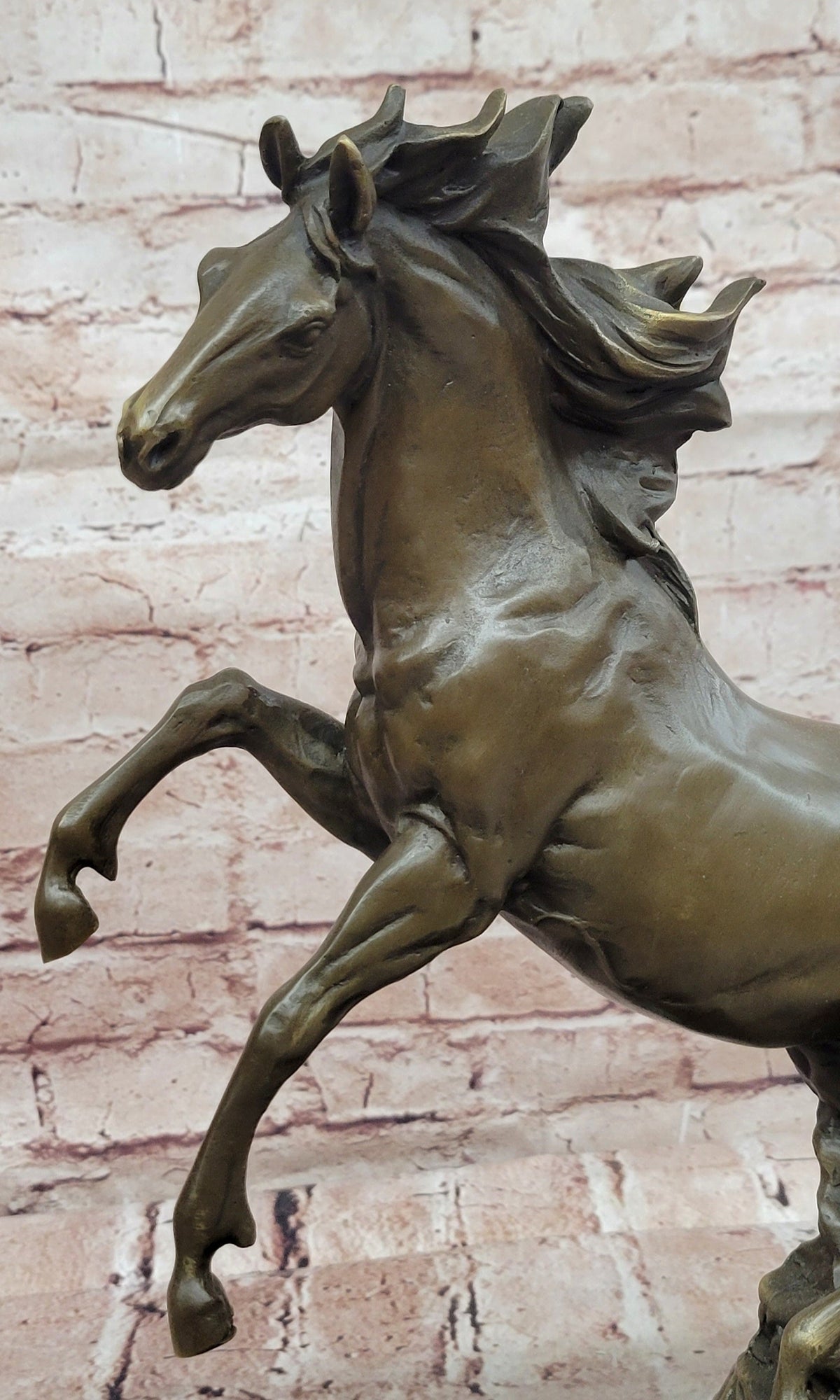 Rearing Horse Bronze Sculpture with Flowing Mane on Marble Base