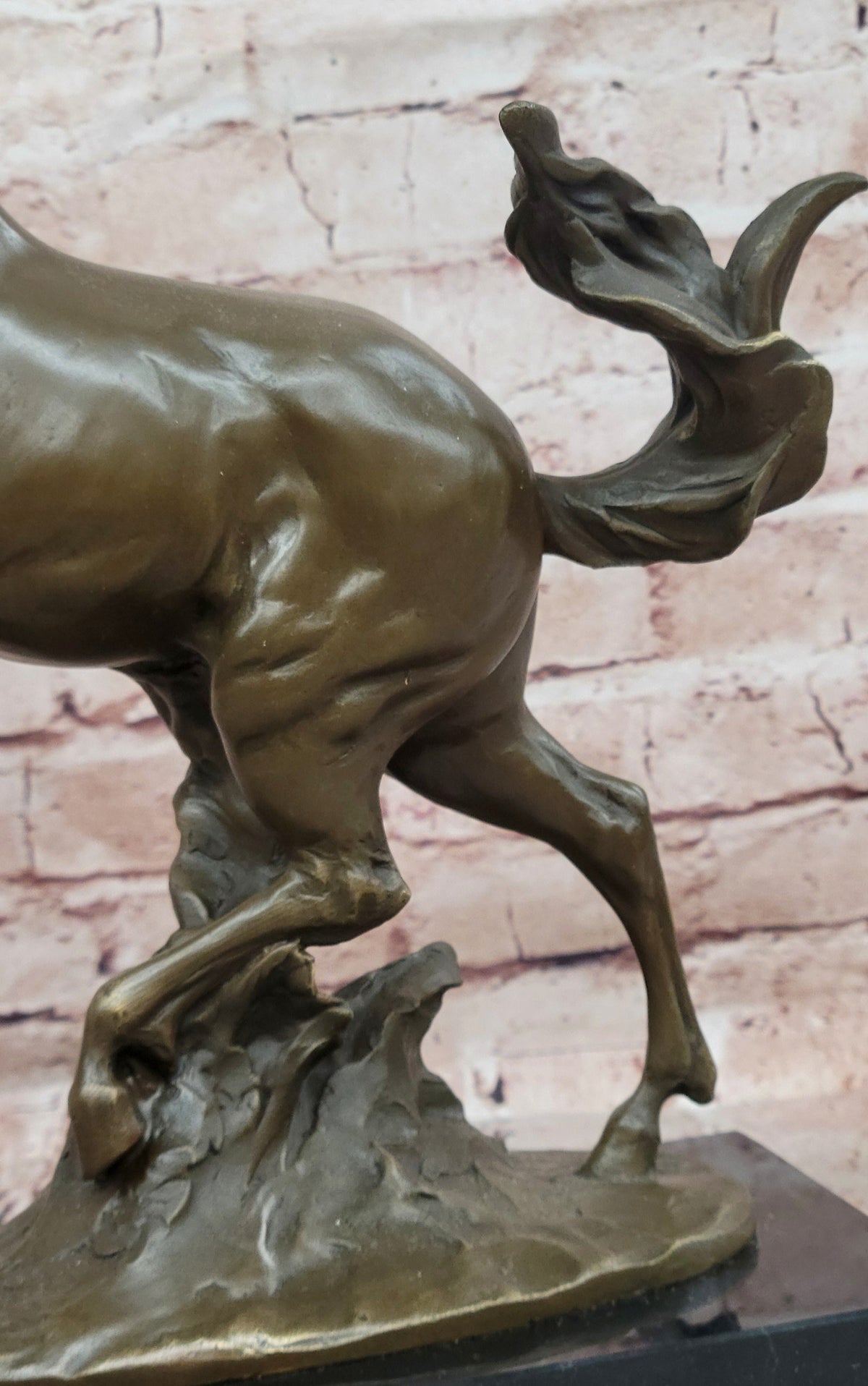 Rearing Horse Bronze Sculpture with Flowing Mane on Marble Base