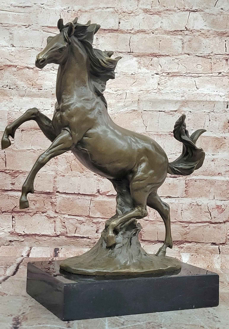 Rearing Horse Bronze Sculpture with Flowing Mane on Marble Base