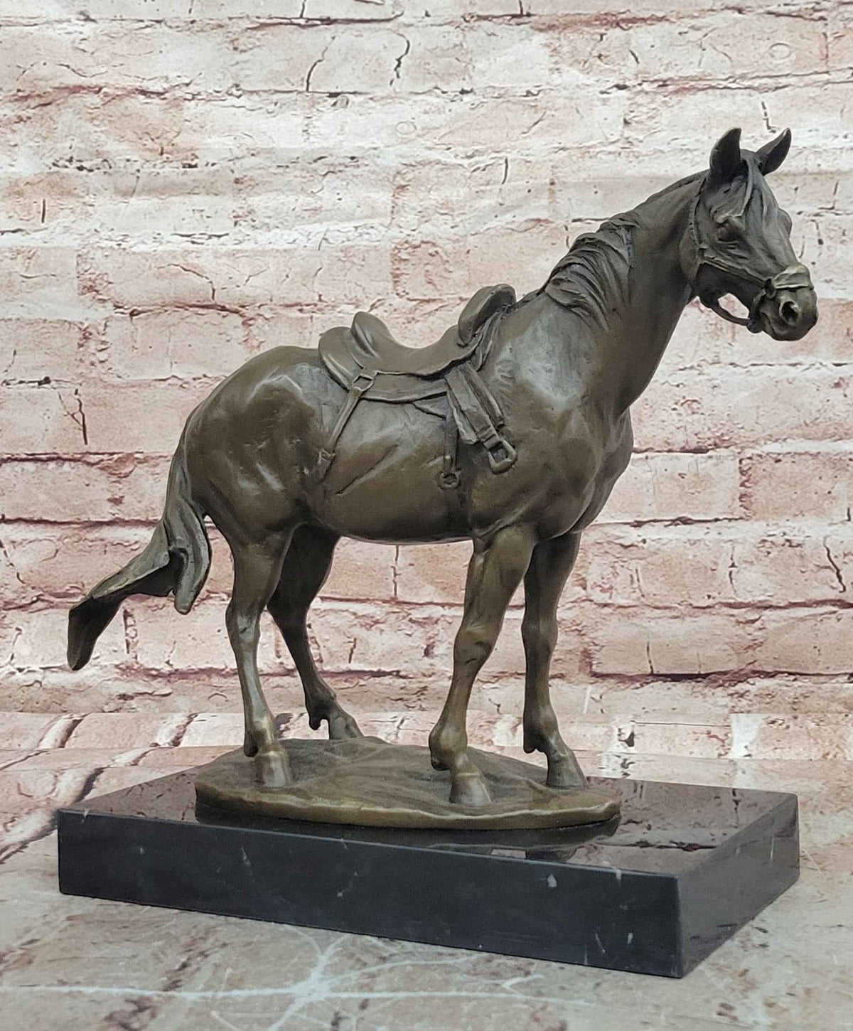 Classical Bronze Saddled Horse Sculpture with Marble Base