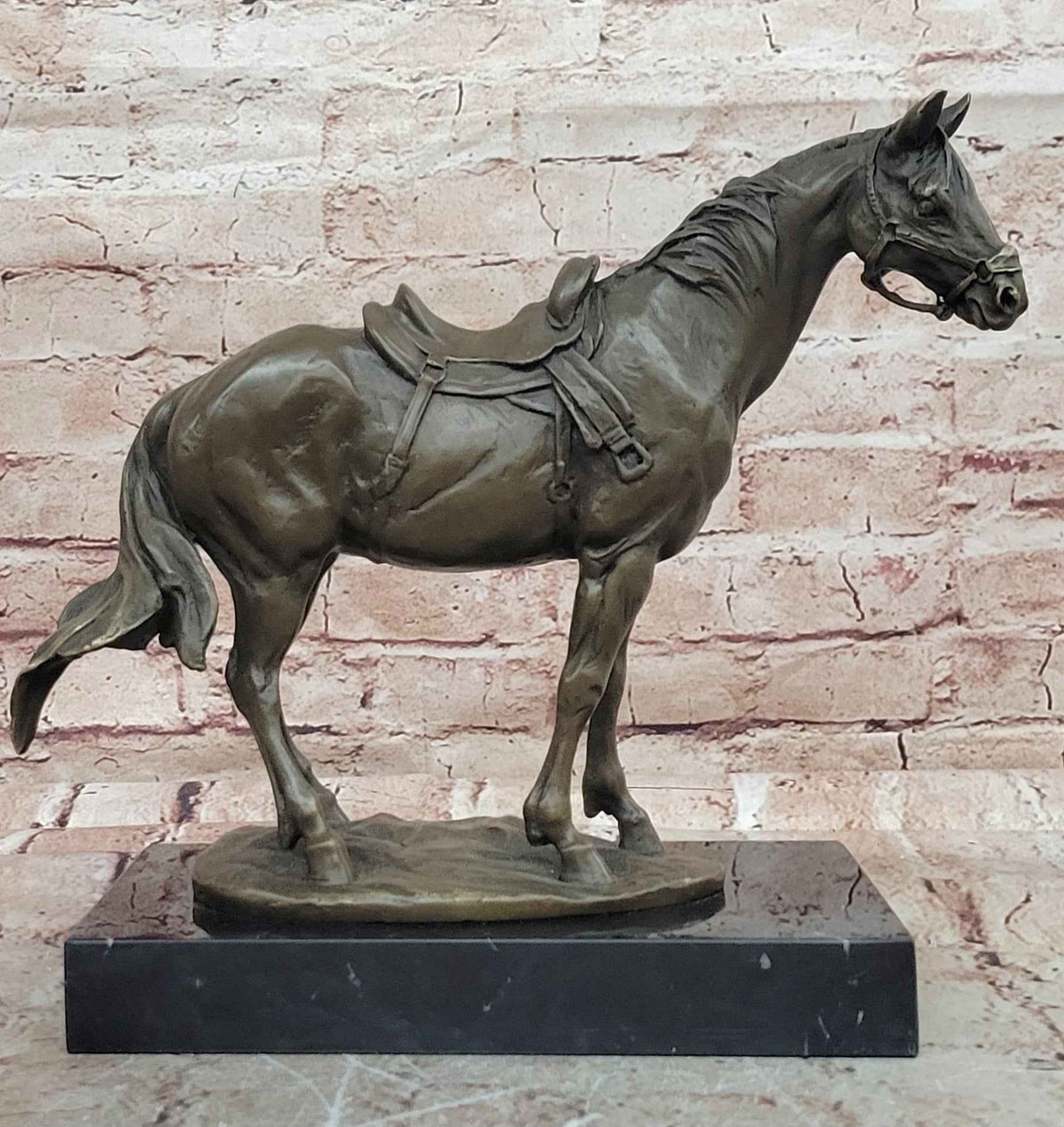 Classical Bronze Saddled Horse Sculpture with Marble Base