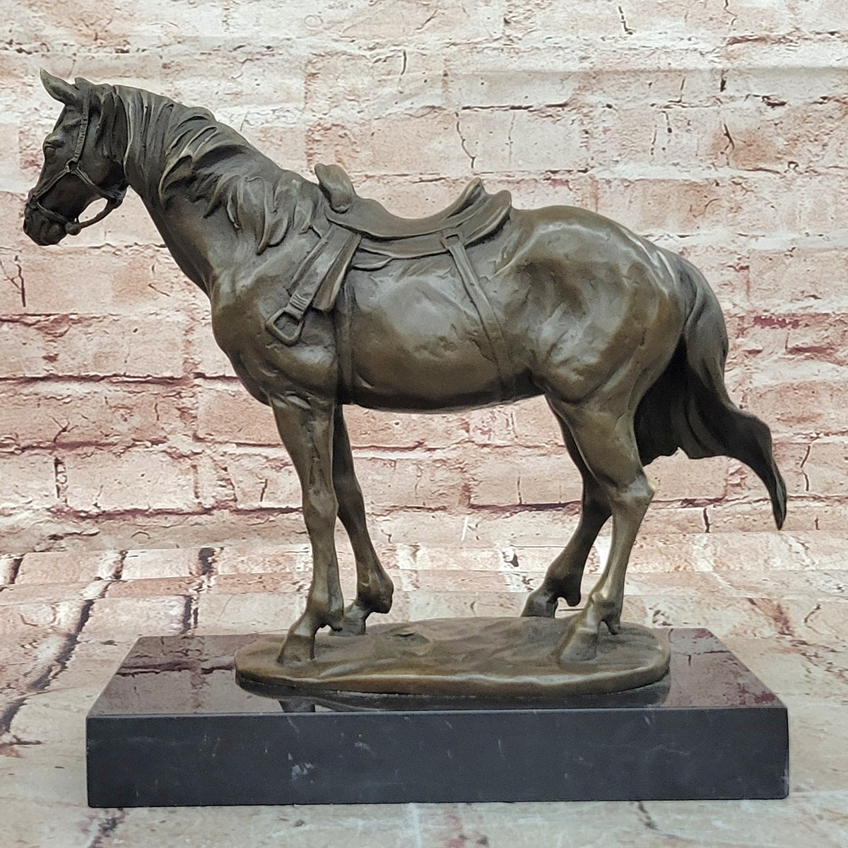 Classical Bronze Saddled Horse Sculpture with Marble Base