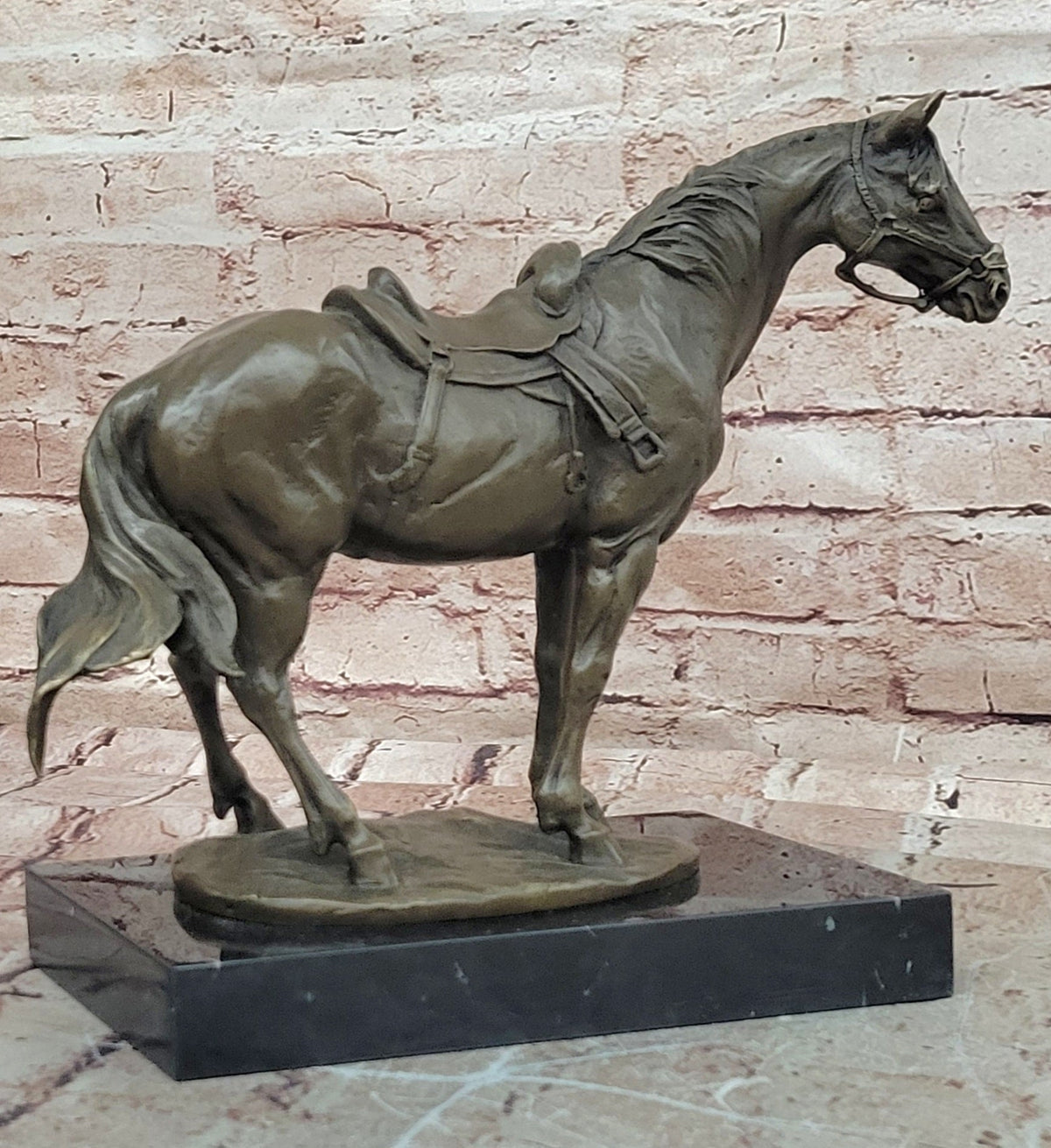 Classical Bronze Saddled Horse Sculpture with Marble Base