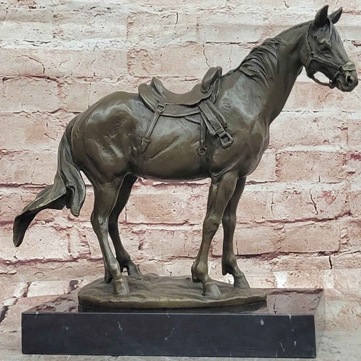 Classical Bronze Saddled Horse Sculpture with Marble Base
