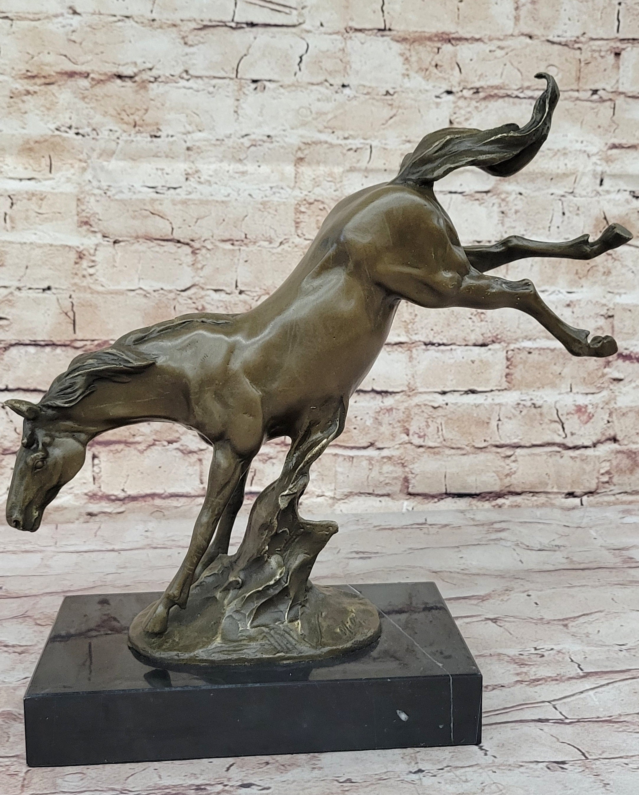 Jumping Wild Horse Mustang Stallion Bronze Sculpture Statue on Marble Base