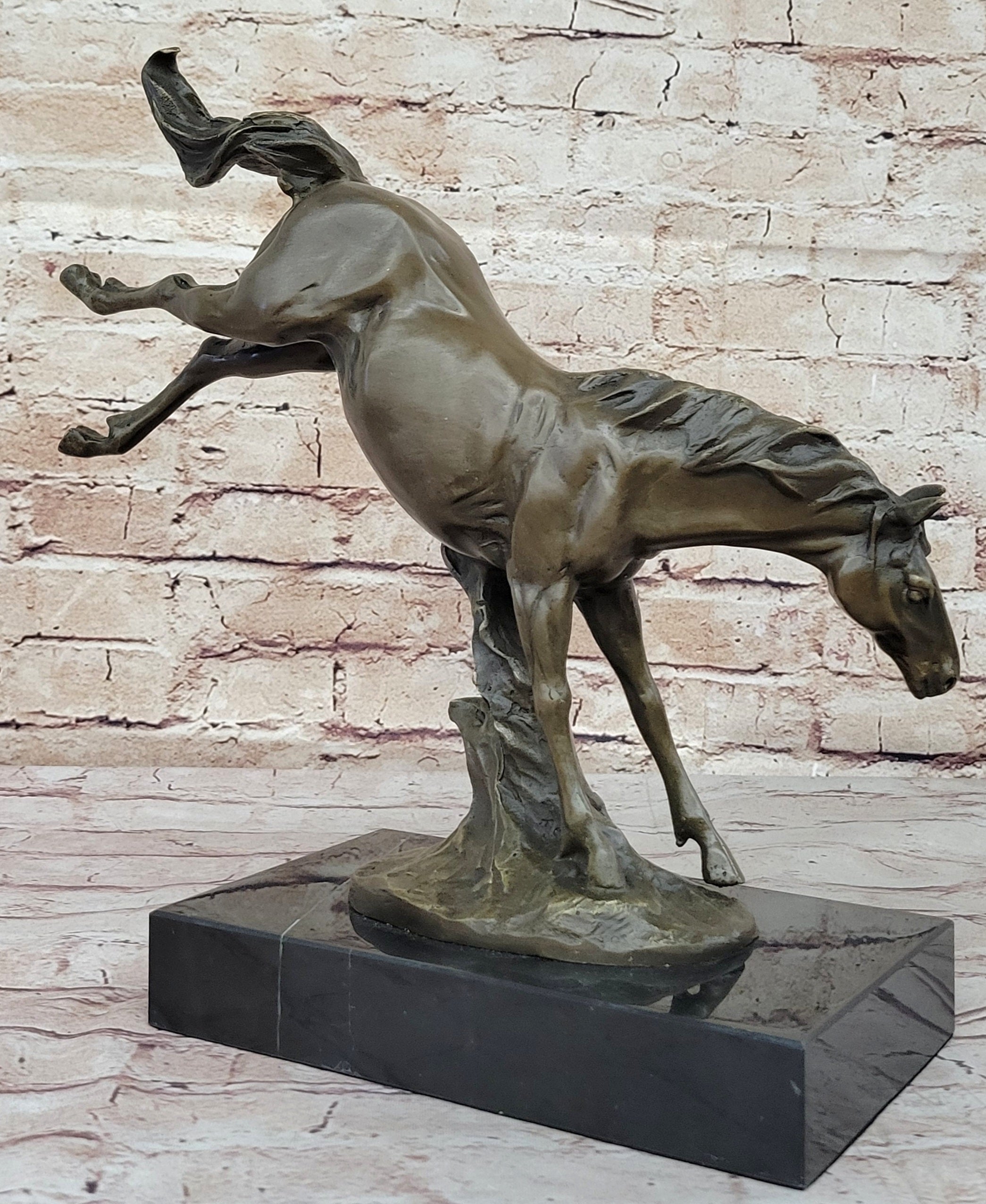 Jumping Wild Horse Mustang Stallion Bronze Sculpture Statue on Marble Base