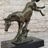 Jumping Wild Horse Mustang Stallion Bronze Sculpture Statue on Marble Base