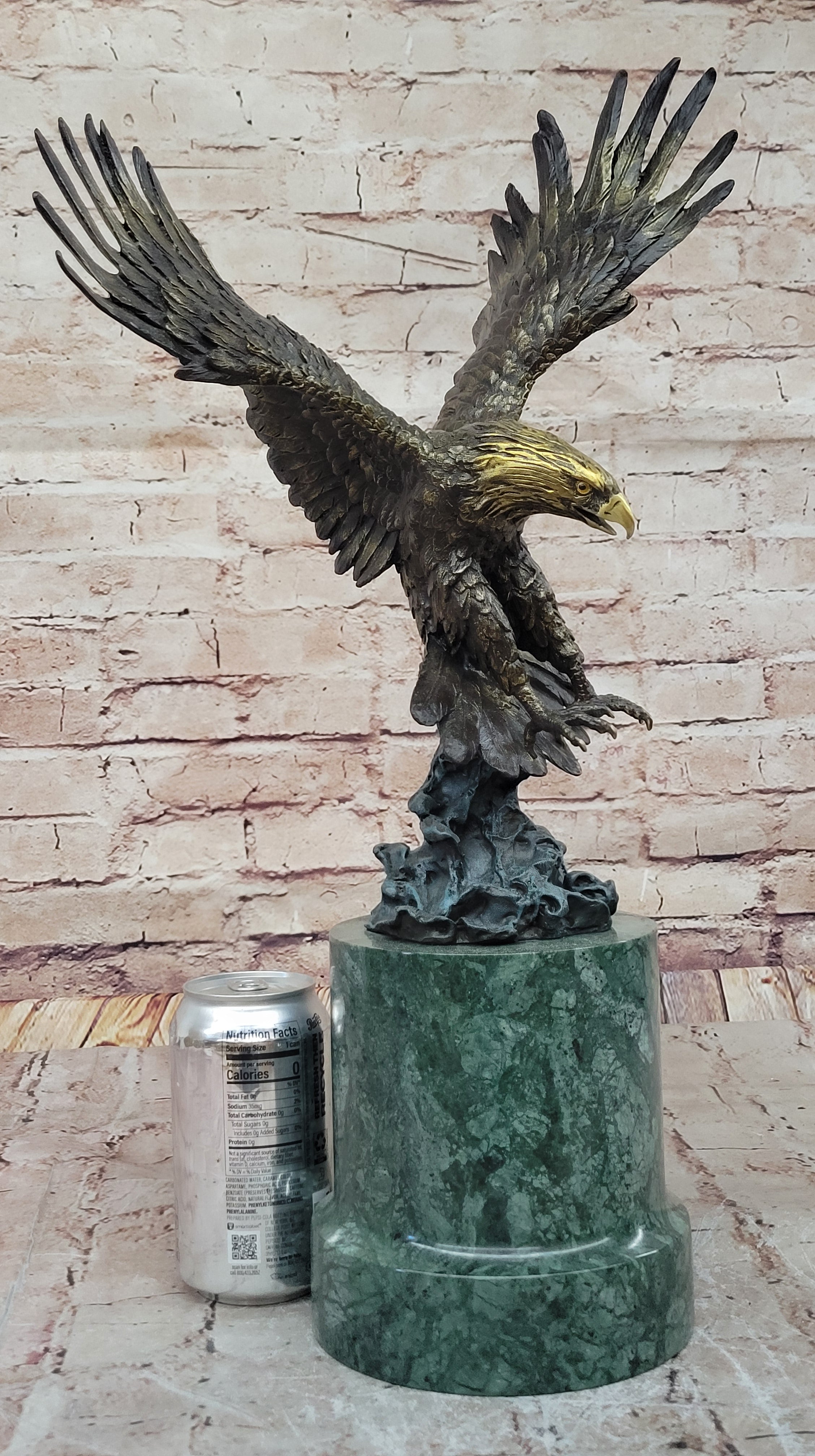 Bronze Bald Eagle Sculpture with Outstretched Wings on Green Marble Base by Milo