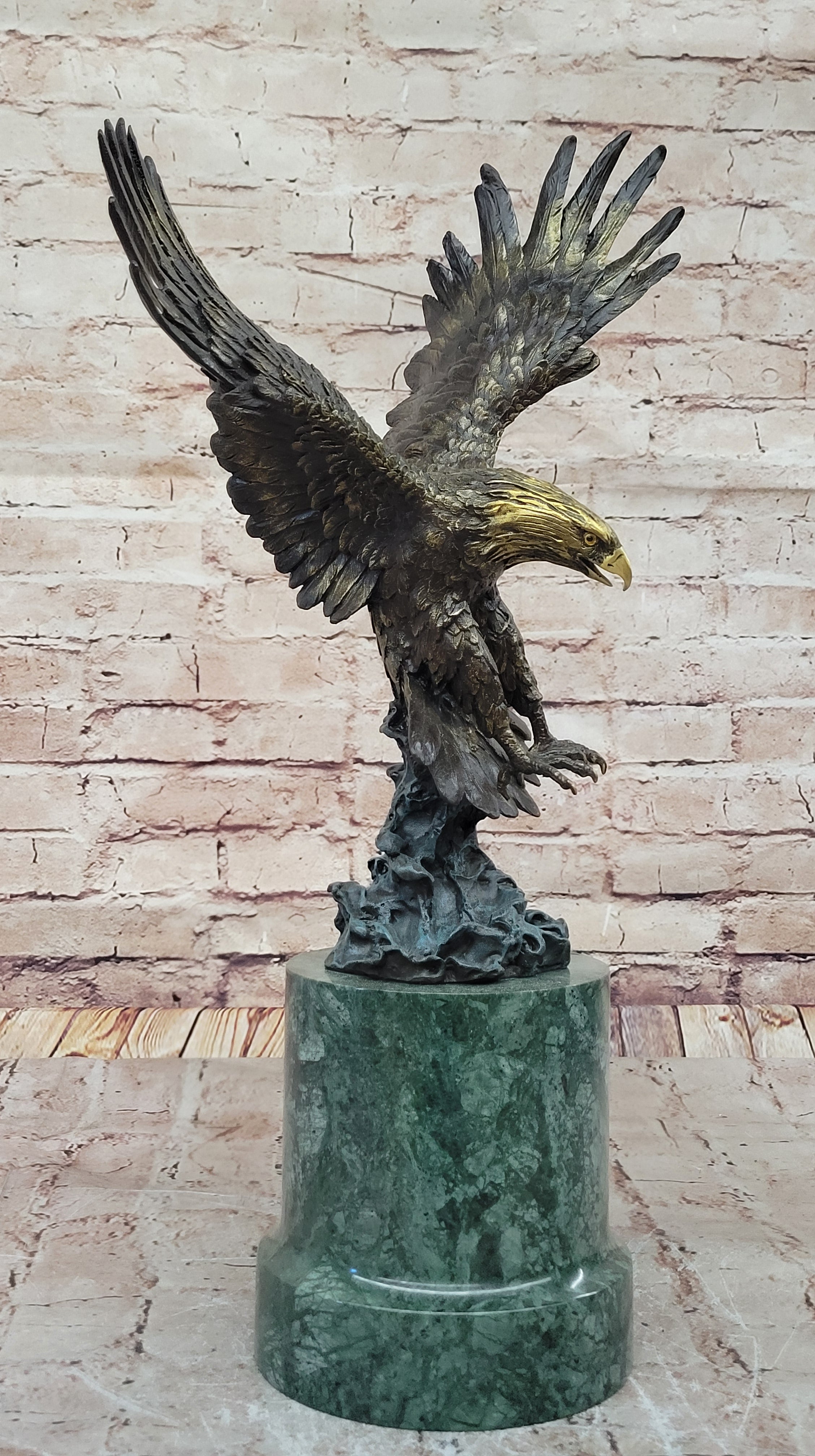Bronze Bald Eagle Sculpture with Outstretched Wings on Green Marble Base by Milo